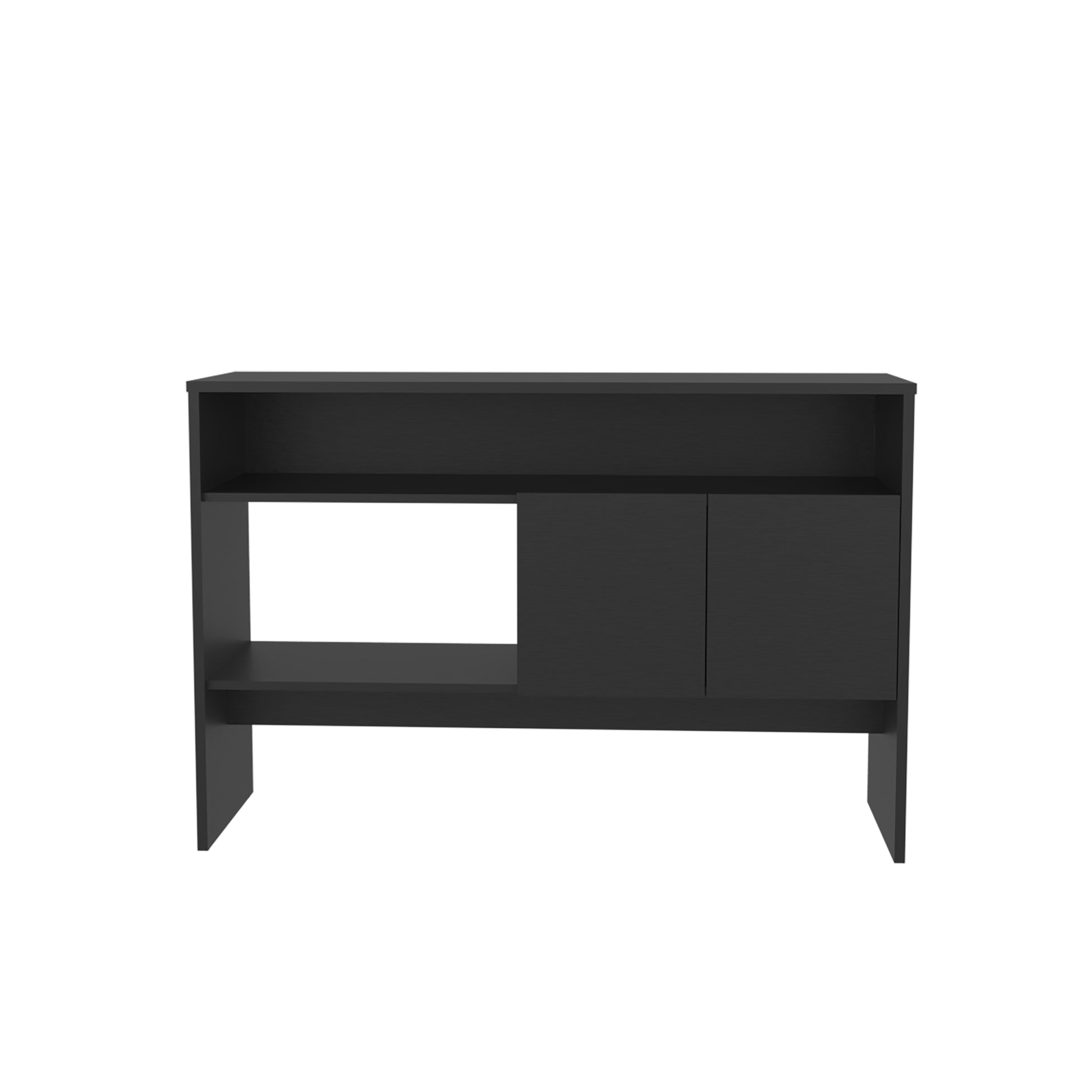 Sleek black modern console table with open shelves and two cabinet doors