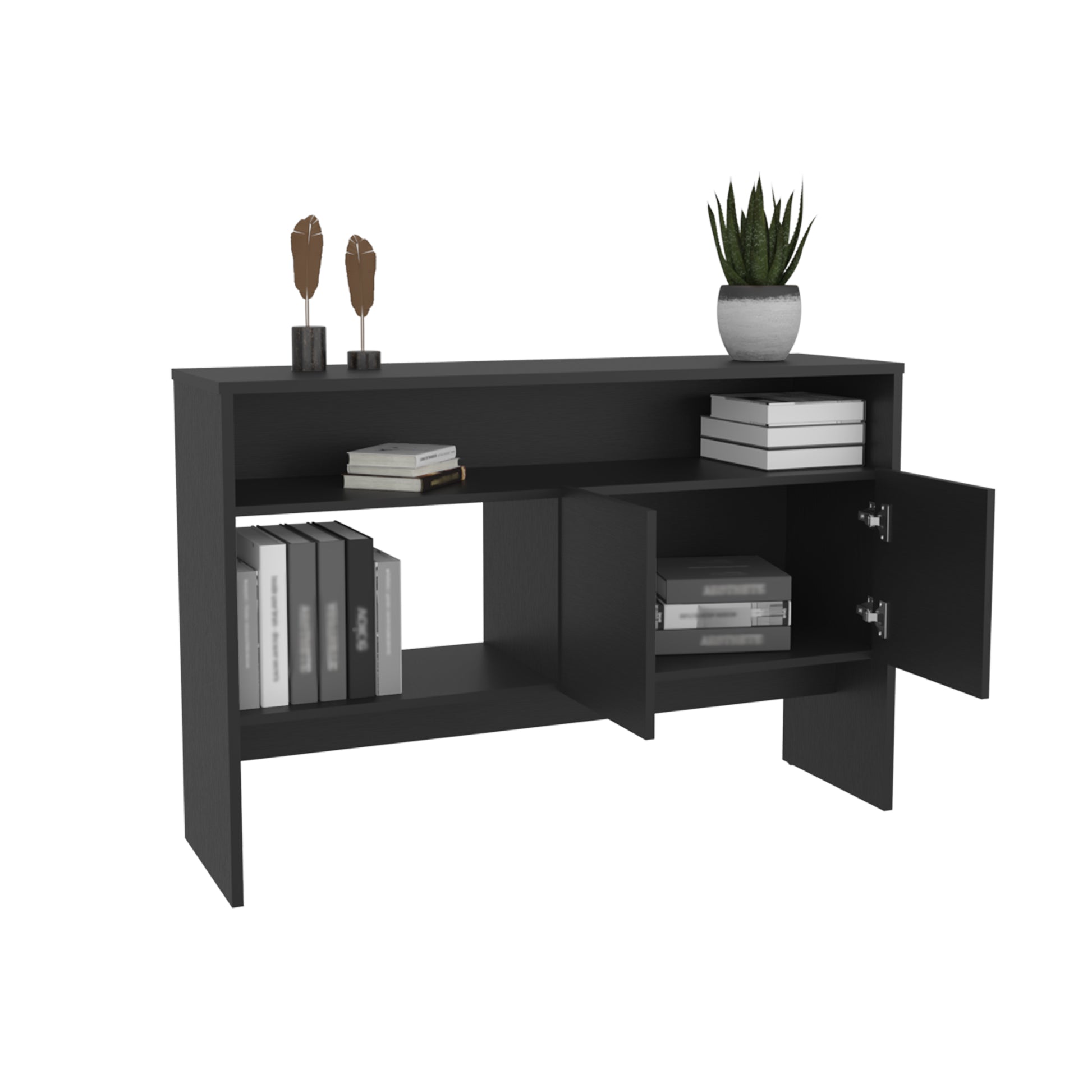 Black modern console table with open shelving and cabinet doors