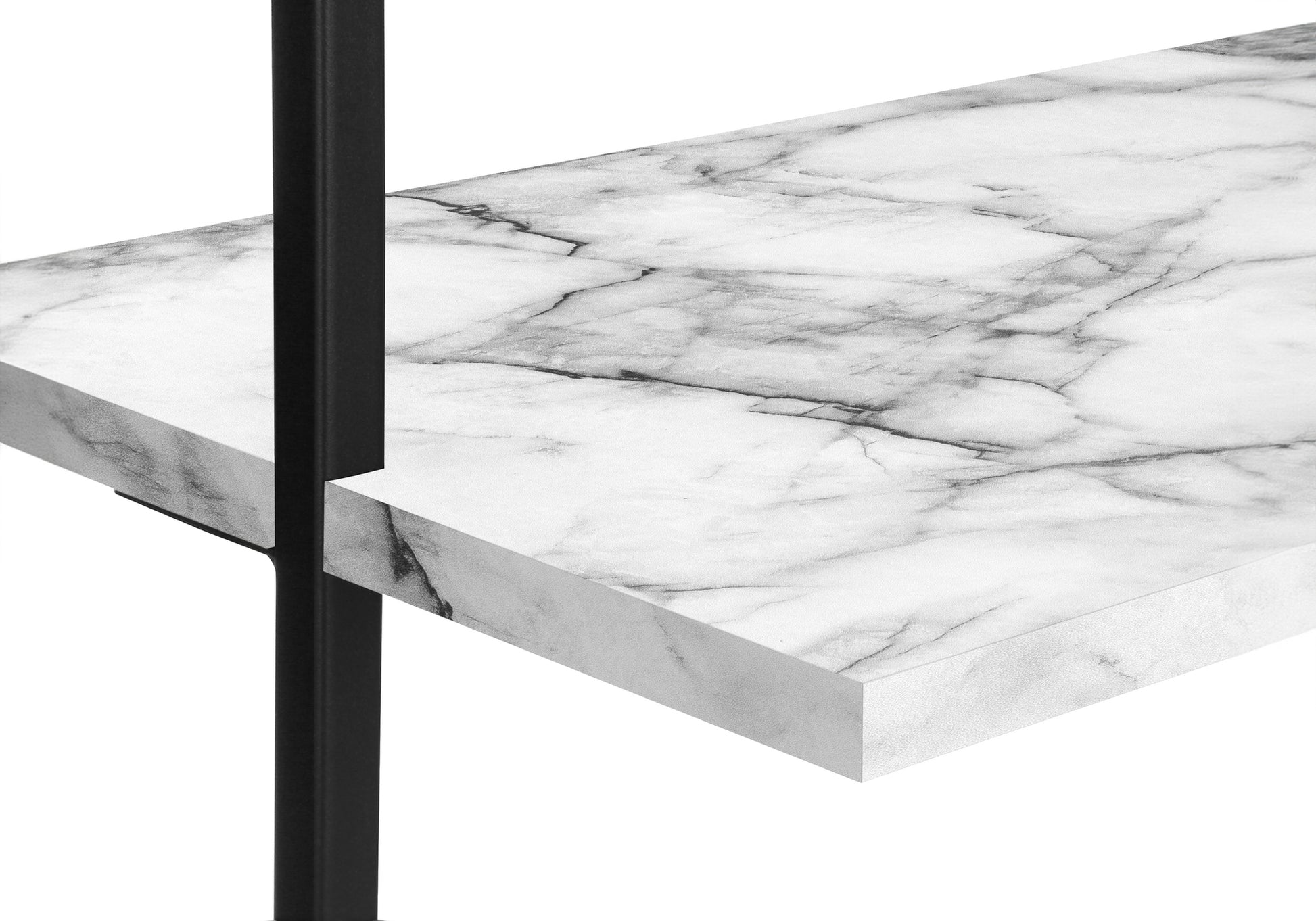 White marble effect shelf with black metal support