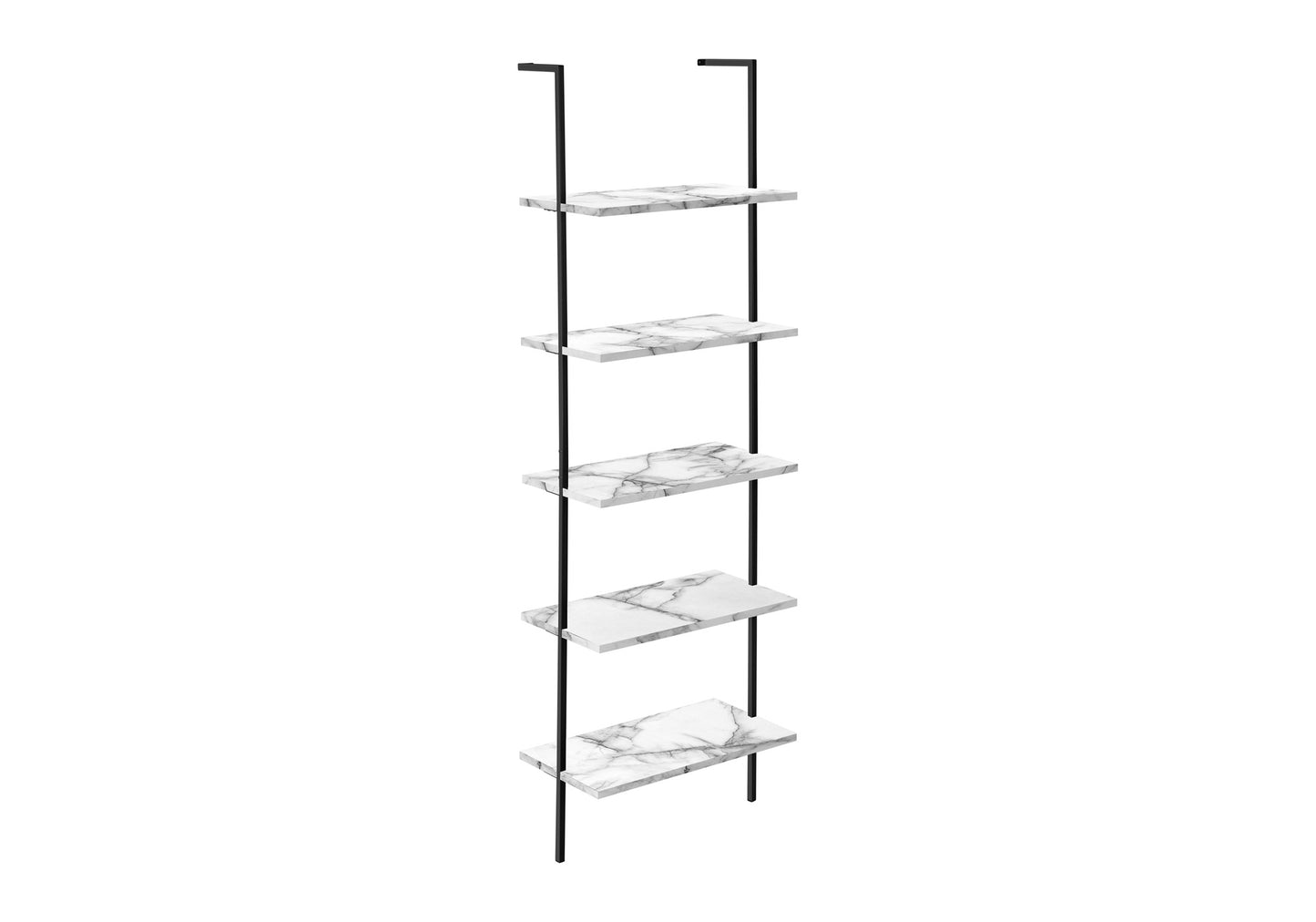 Black metal ladder shelf with five white marble effect shelves
