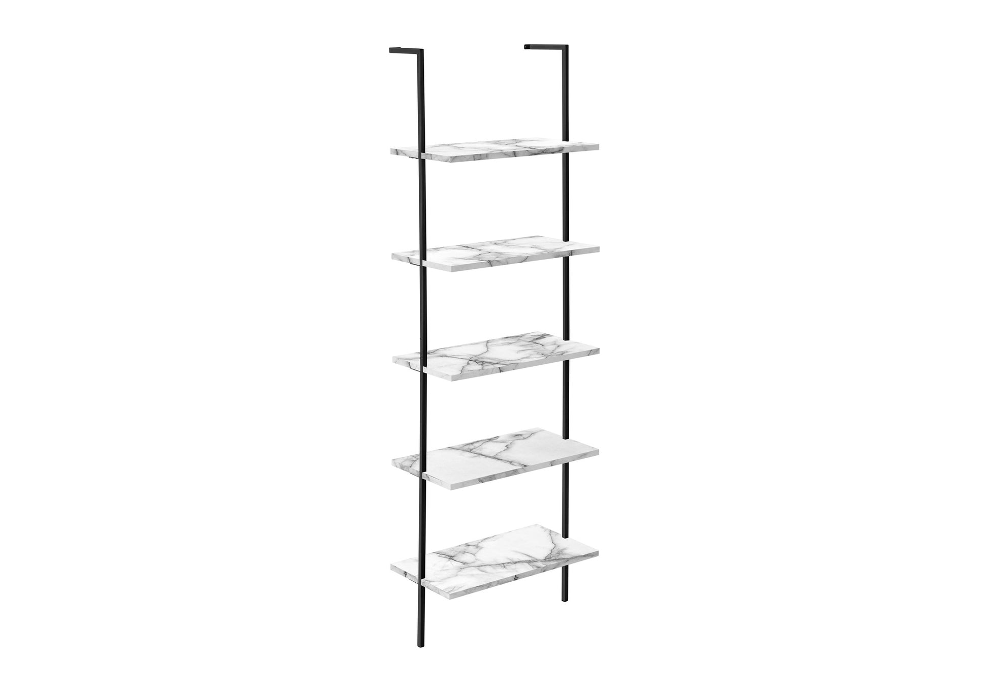 Black metal ladder shelf with five white marble effect shelves