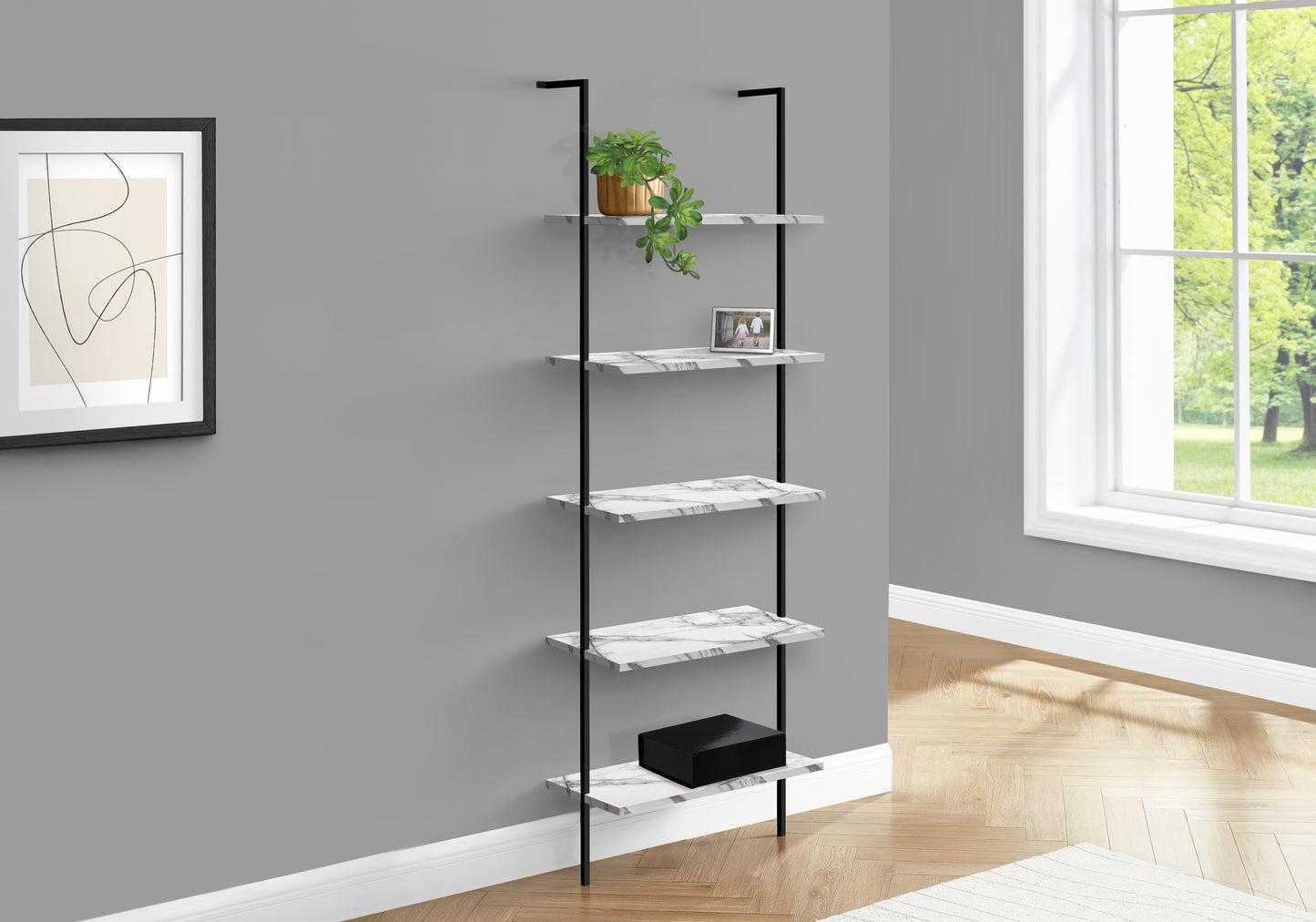 Black metal ladder shelf with white marble effect shelves