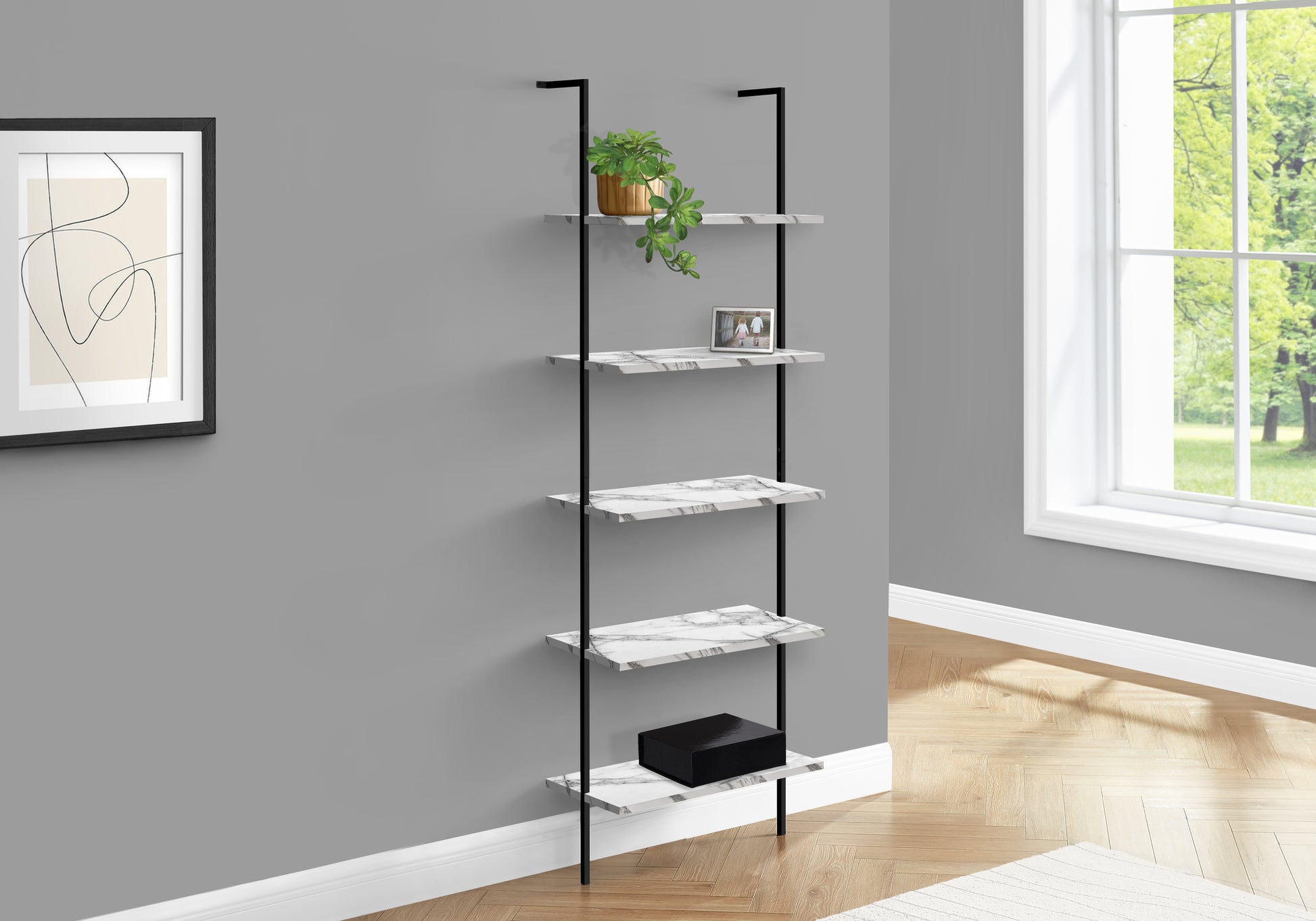 Black metal ladder shelf with white marble effect shelves