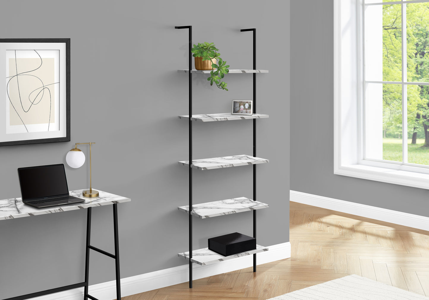Modern floating shelf unit with marblepatterned surfaces and black metal frame