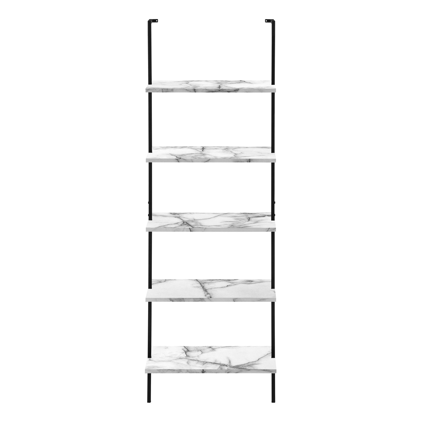 Black metal wall mounted shelving unit with five faux marble shelves