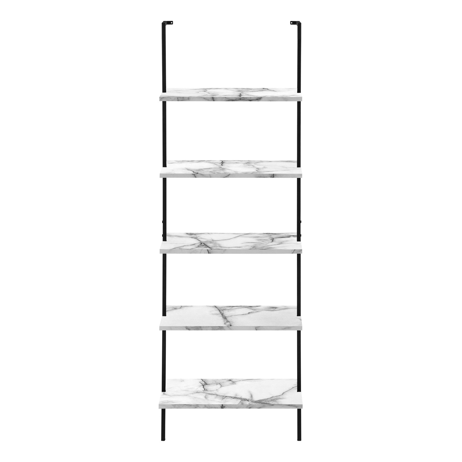 Black metal wall mounted shelving unit with five faux marble shelves