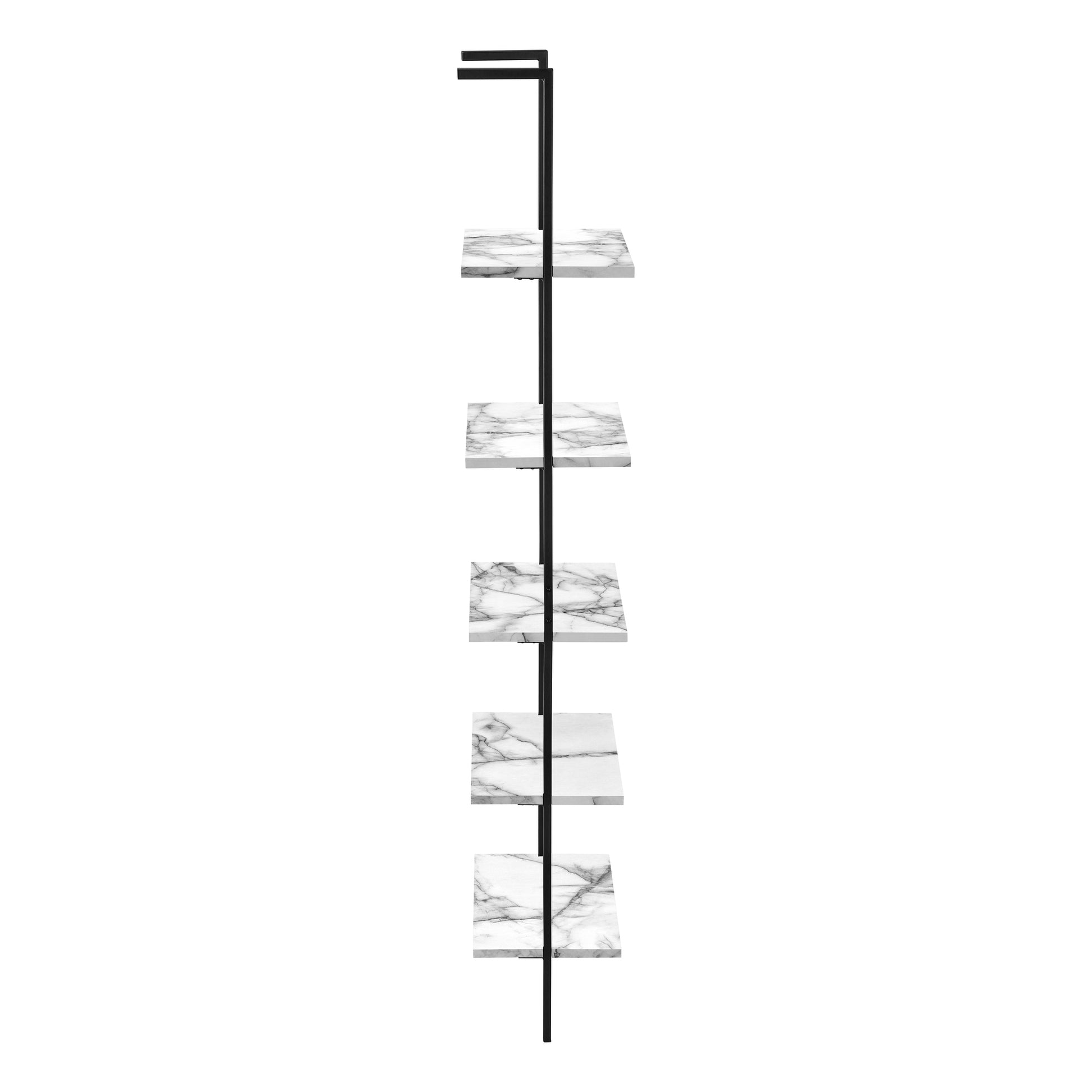 Black metal multitier shelf with white marblepatterned shelves
