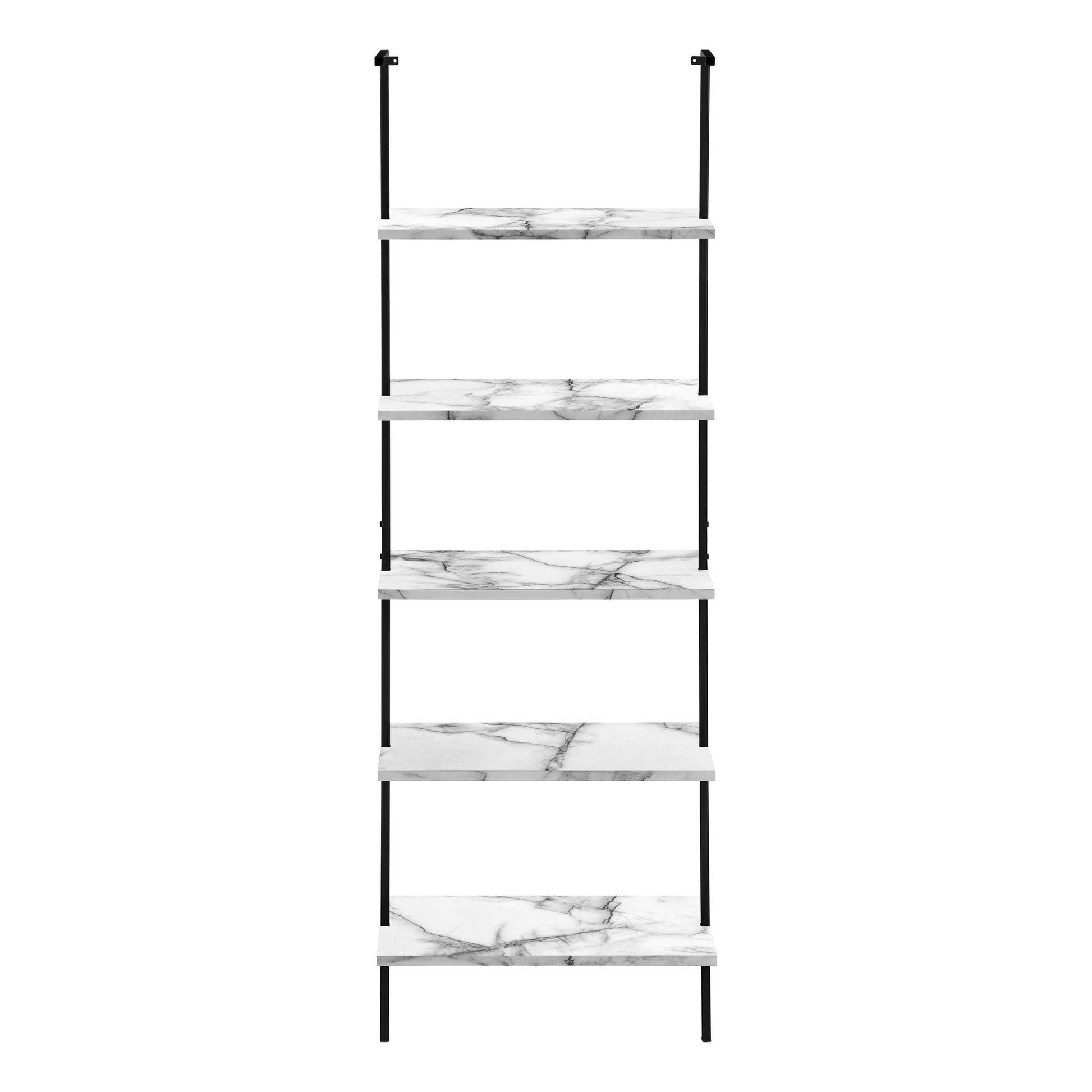 Modern black metal ladder shelf with white marble shelves