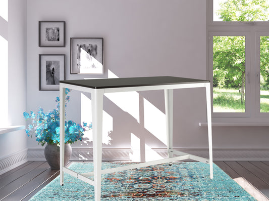 Modern bar table with dark wood top and white metal legs