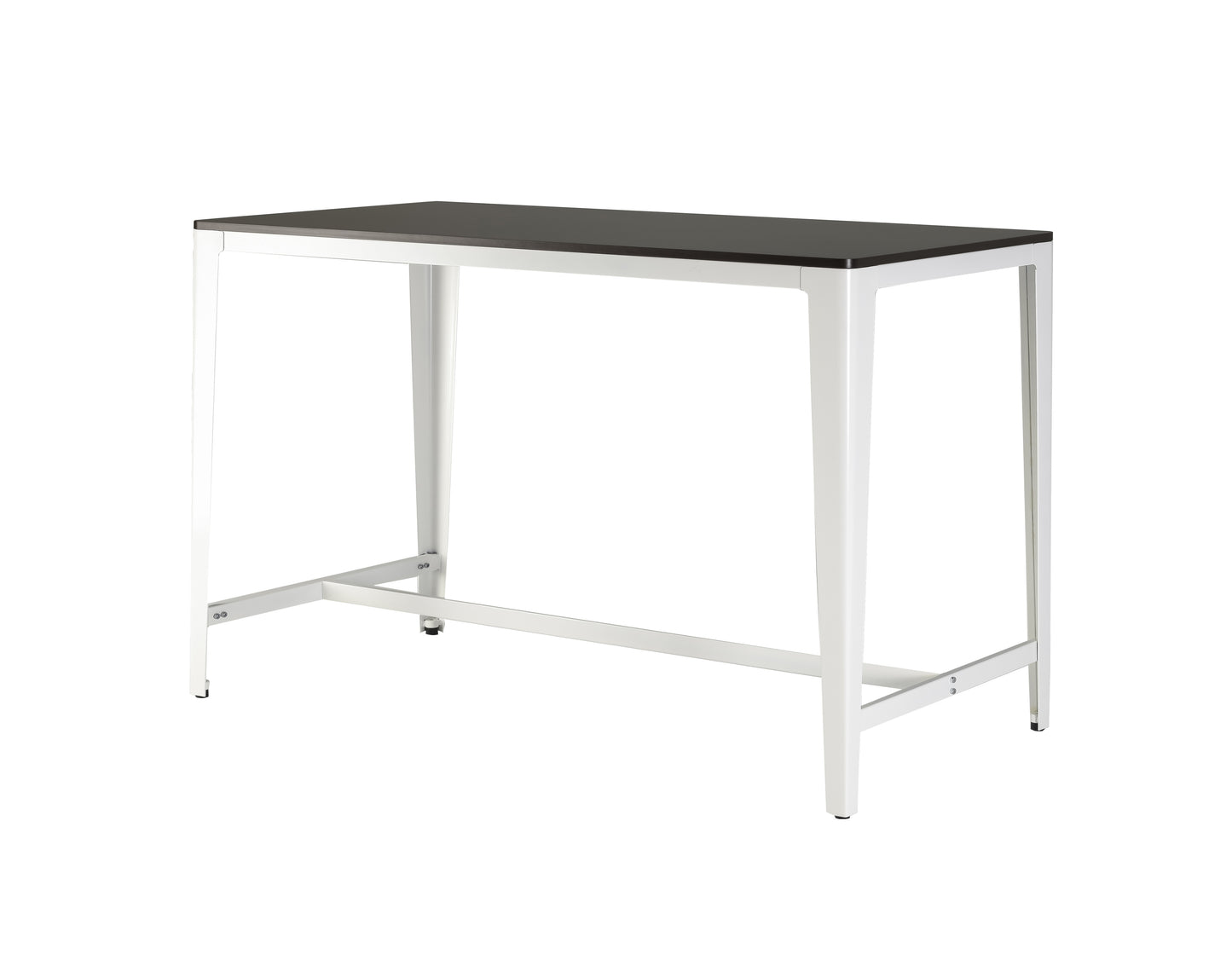 Modern black top bar table with white metal legs