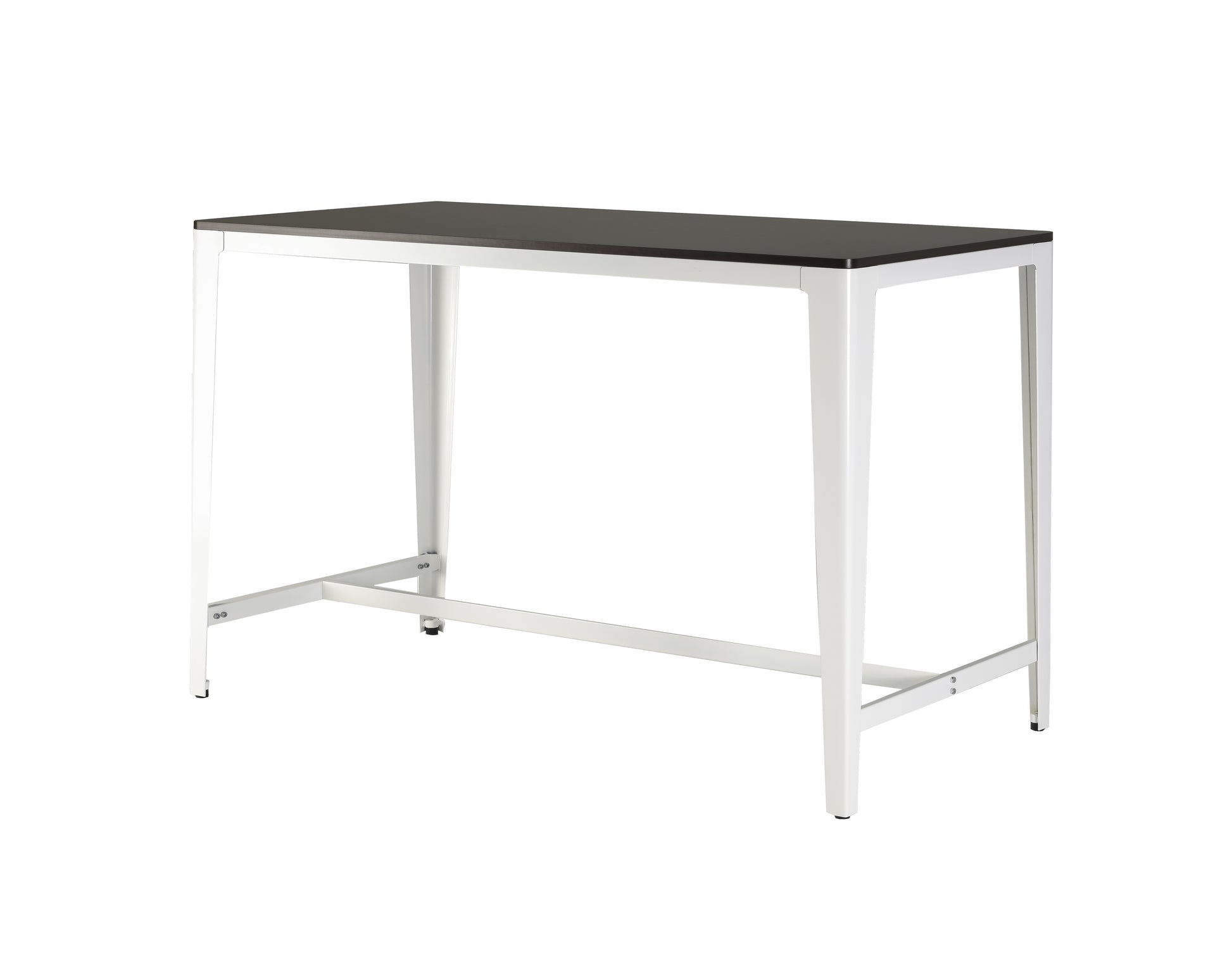Modern black top bar table with white metal legs