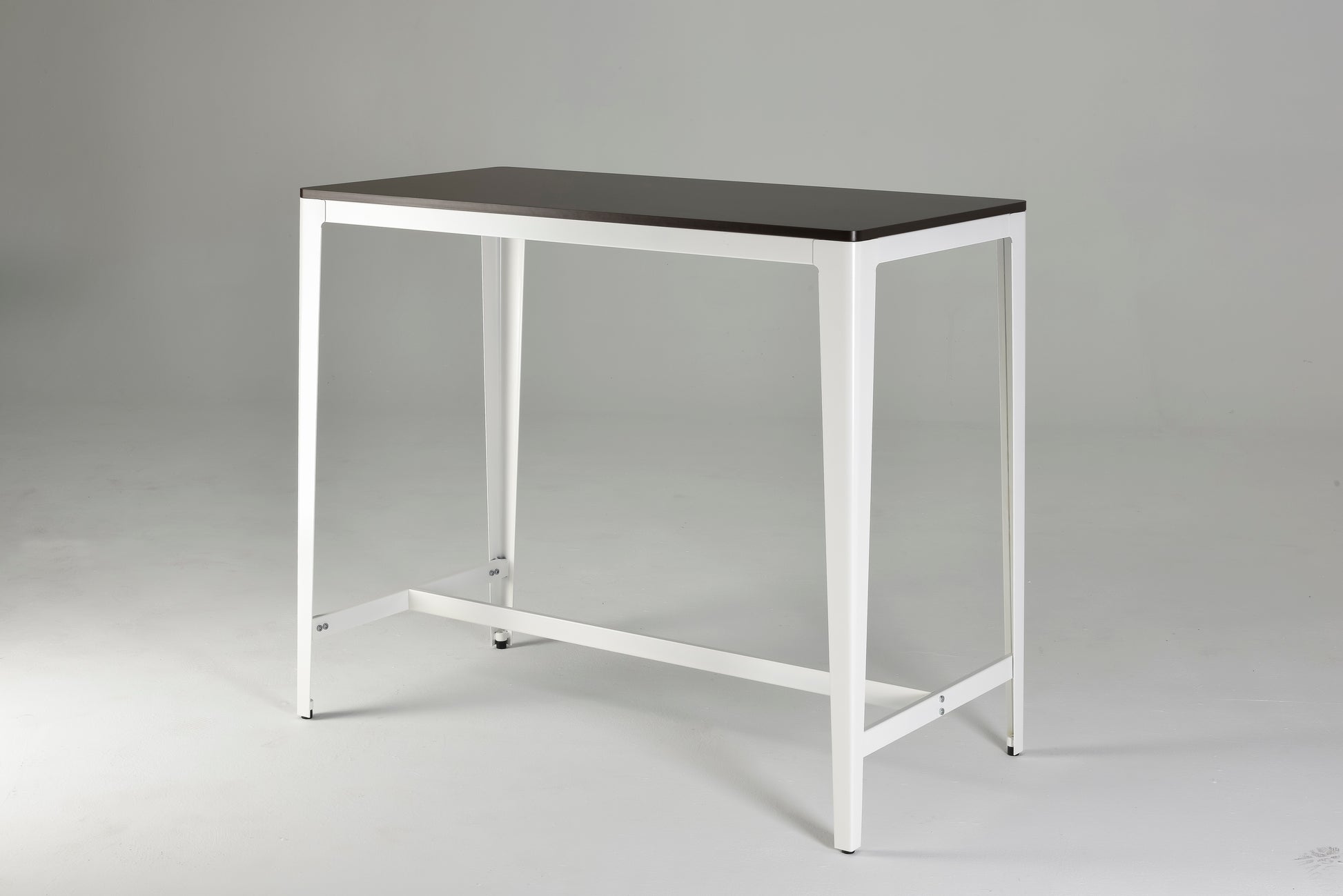 Modern dark wood top bar table with white metal frame