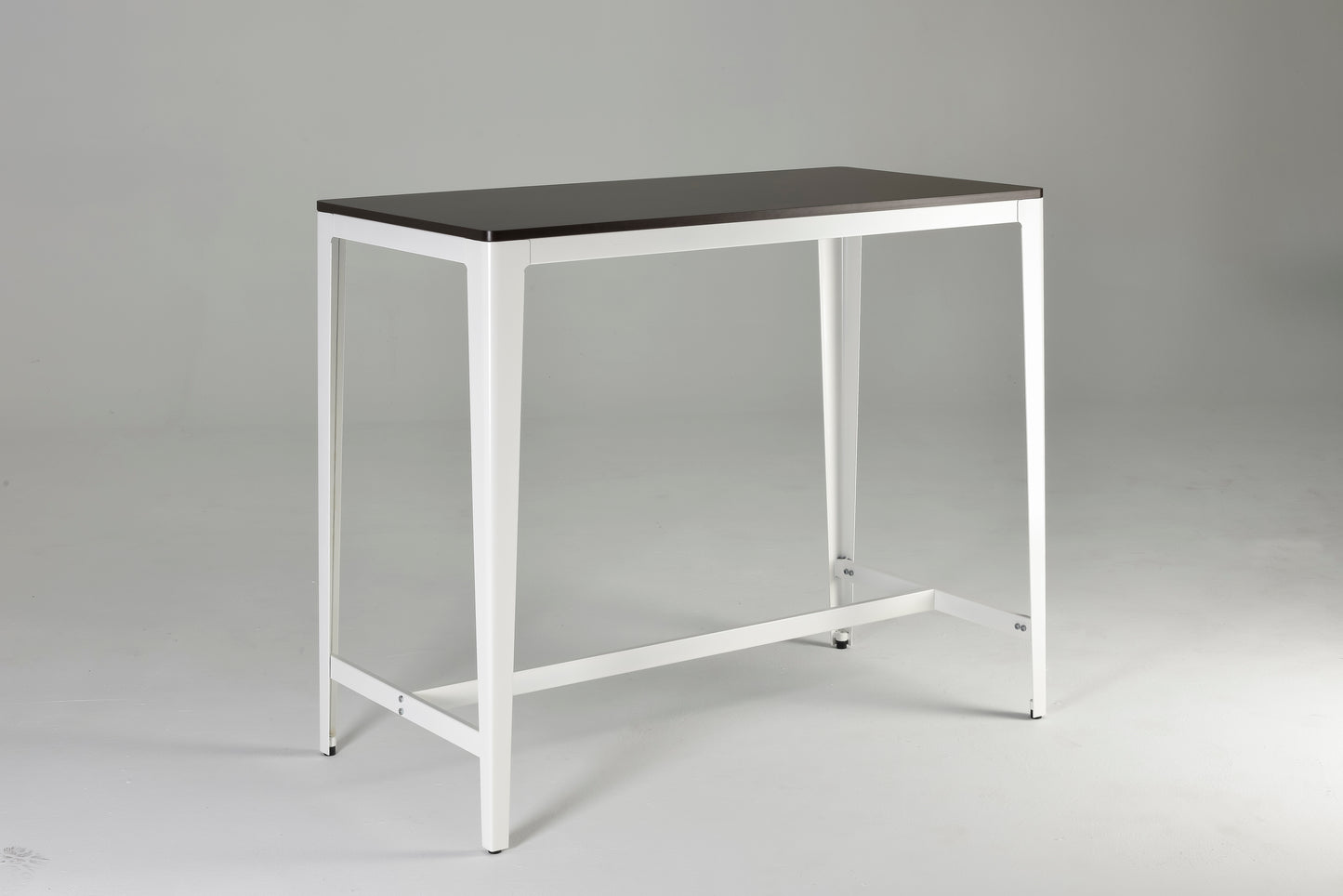 Modern white metal bar table with dark wood top