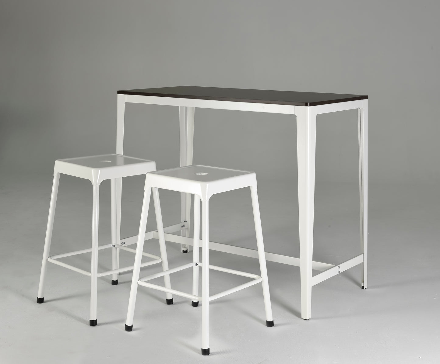 White metal bar stools with a dark brown top bar table set