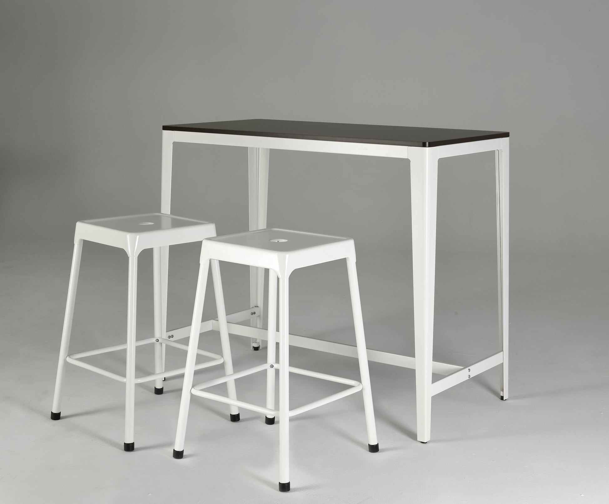 White metal bar stools with a dark brown top bar table set