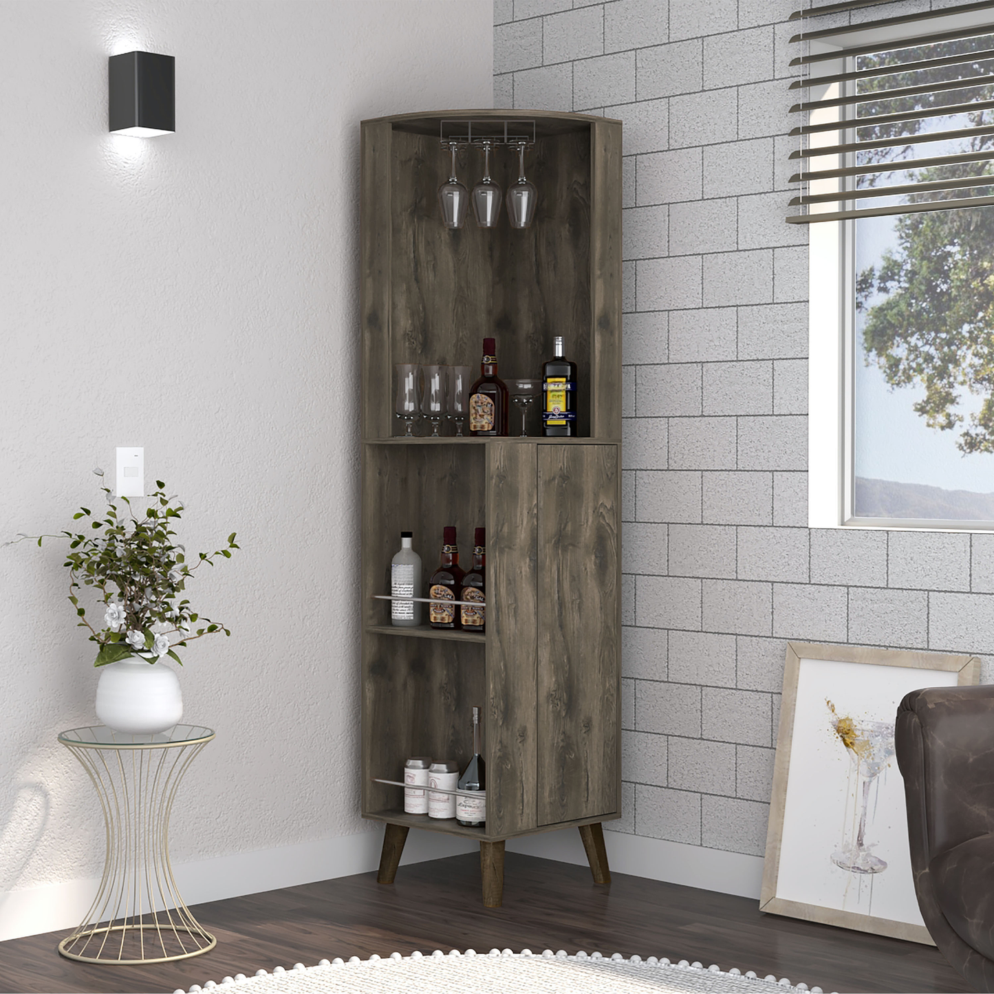 Corner bar cabinet with dark wood finish and wine glass rack