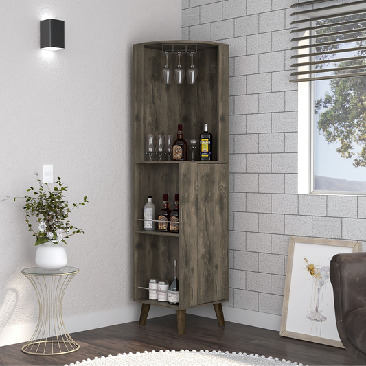 Corner bar cabinet with dark wood finish and wine glass rack