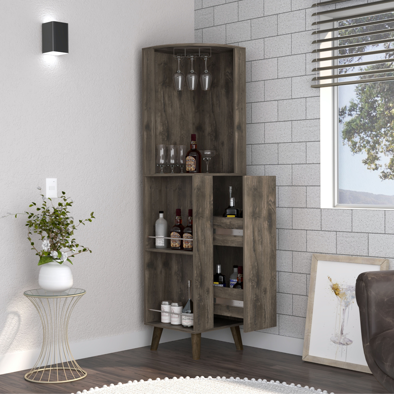 Rustic oak corner bar cabinet with wine glass holder