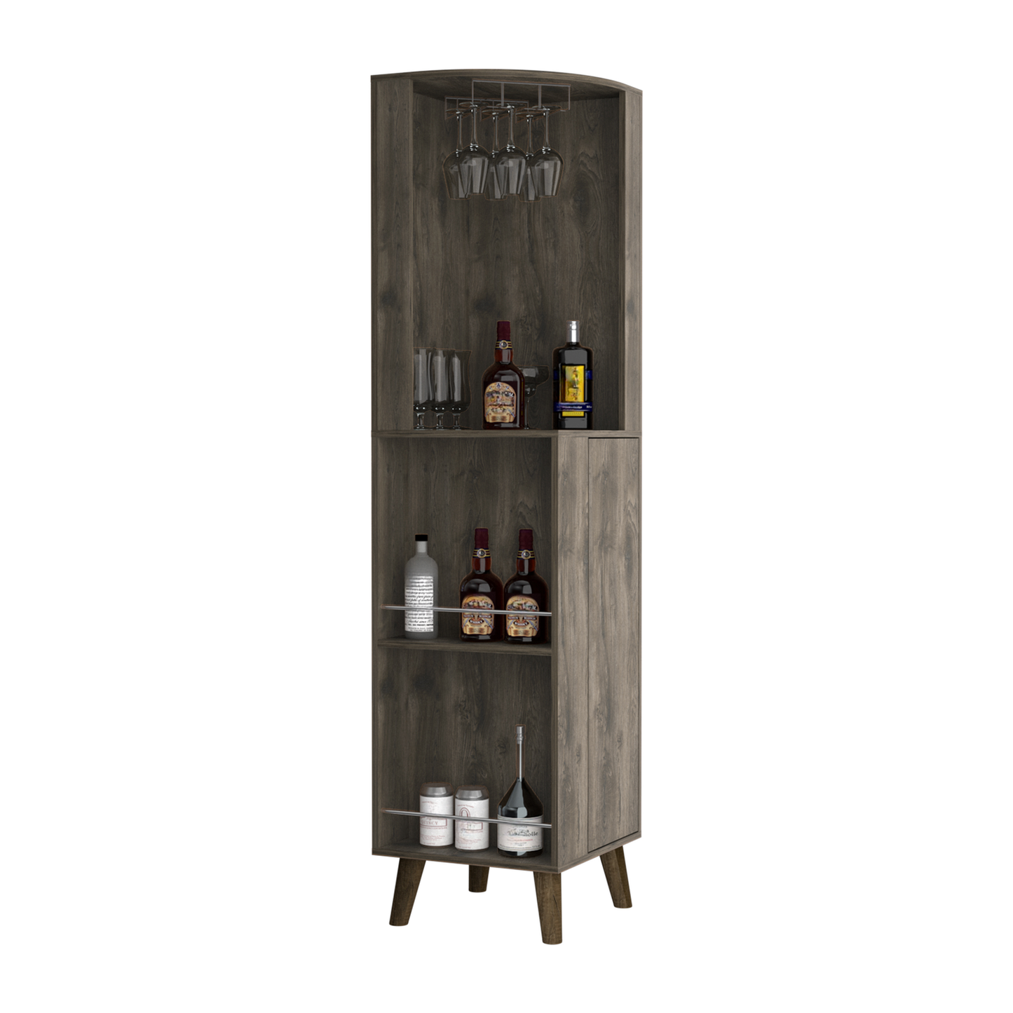 Tall gray wood liquor cabinet with hanging glass rack and multiple shelves