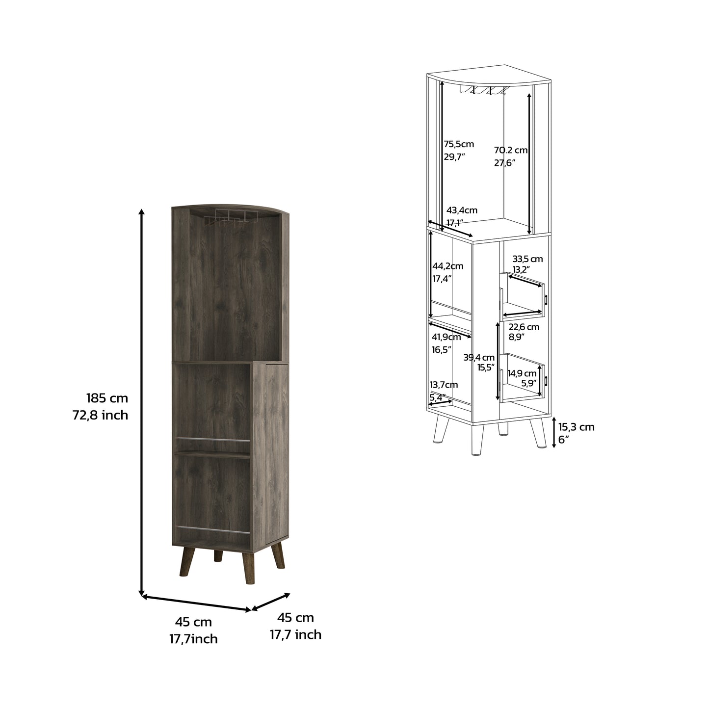 Tall dark wood corner cabinet with wine rack and drawers
