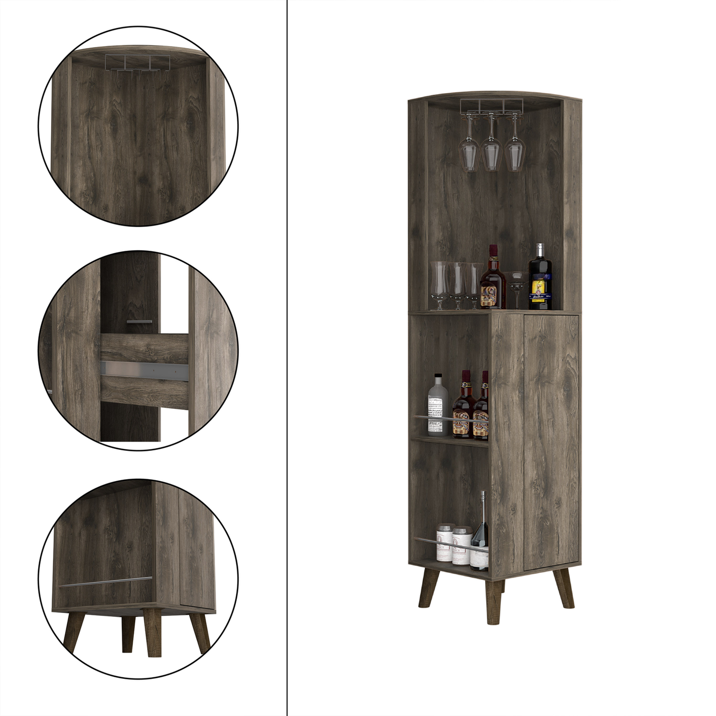 Rustic wood corner bar cabinet with glass rack and bottle storage