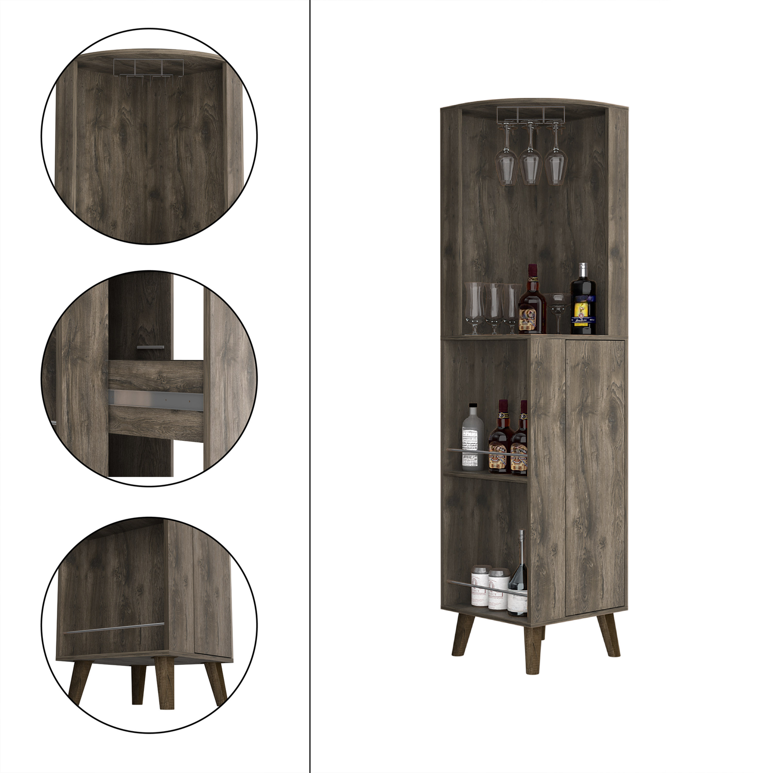 Rustic wood corner bar cabinet with glass rack and bottle storage