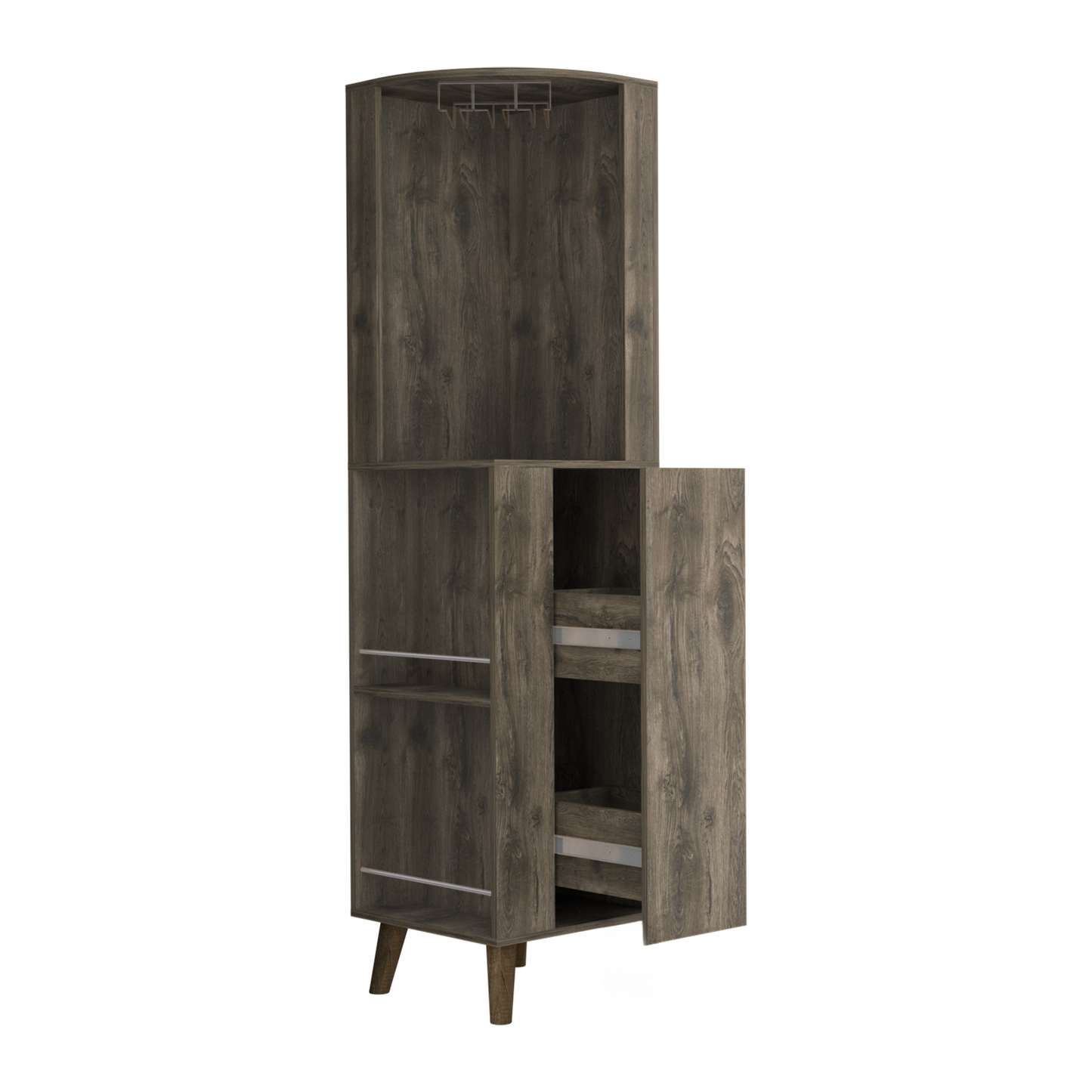 Dark wood corner bar cabinet with stemware rack
