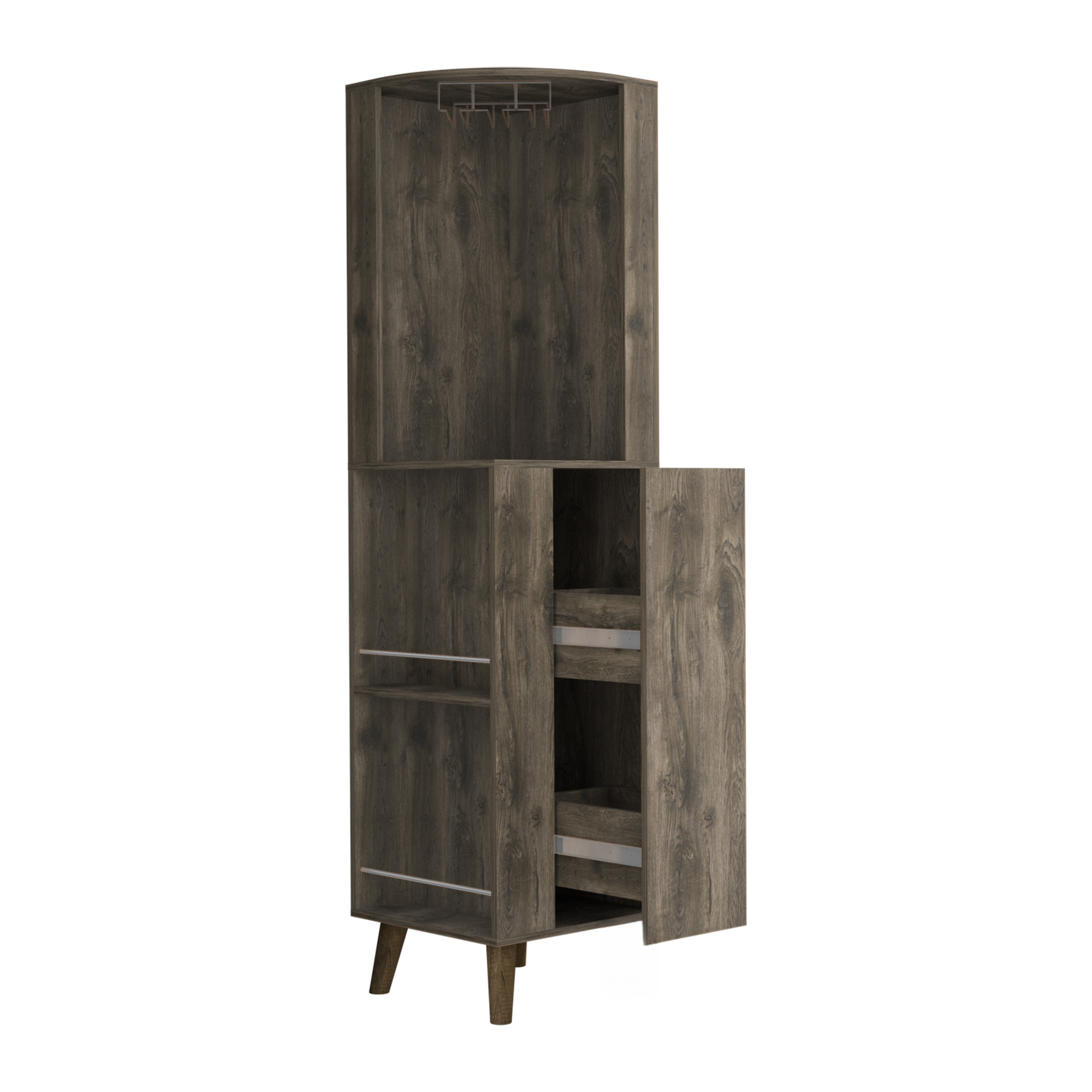 Dark wood corner bar cabinet with stemware rack