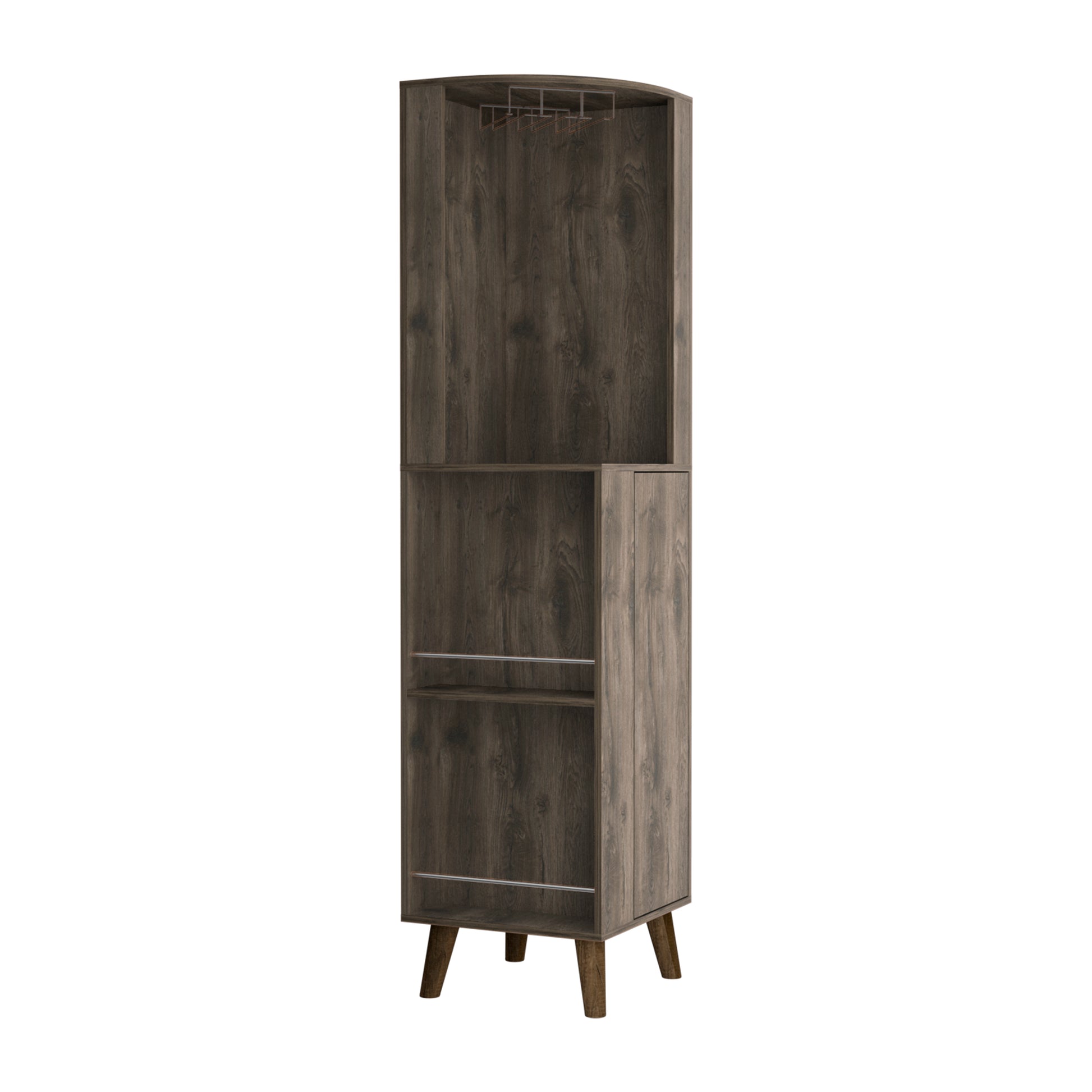 Tall dark wood liquor cabinet with wine glass rack