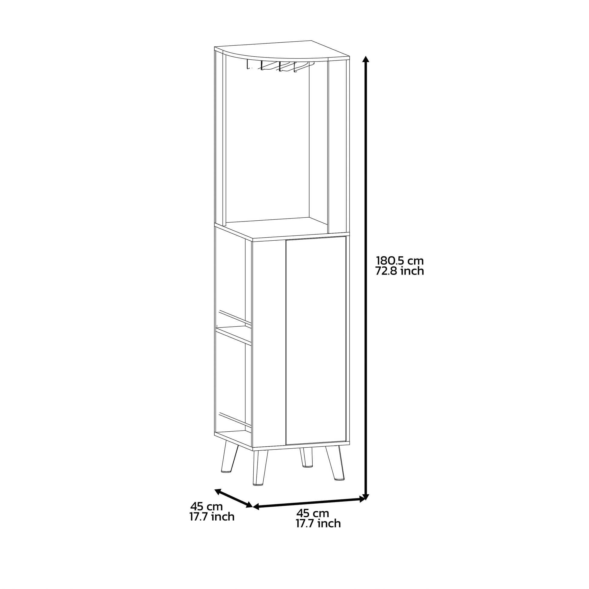Slim corner shelving unit with cabinet and hanging hooks