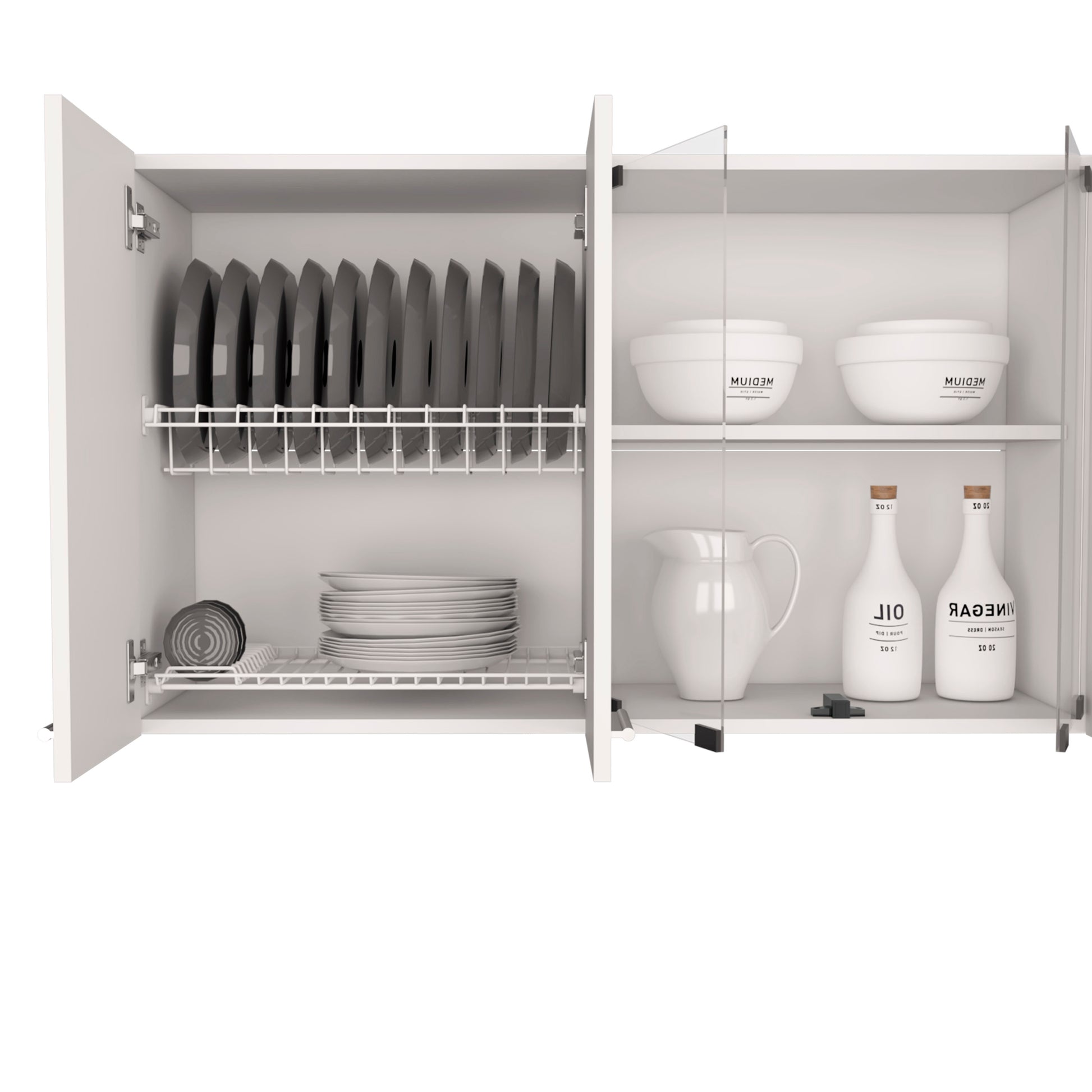 Stack of dark gray dinner plates on a white wire rack inside a kitchen cabinet