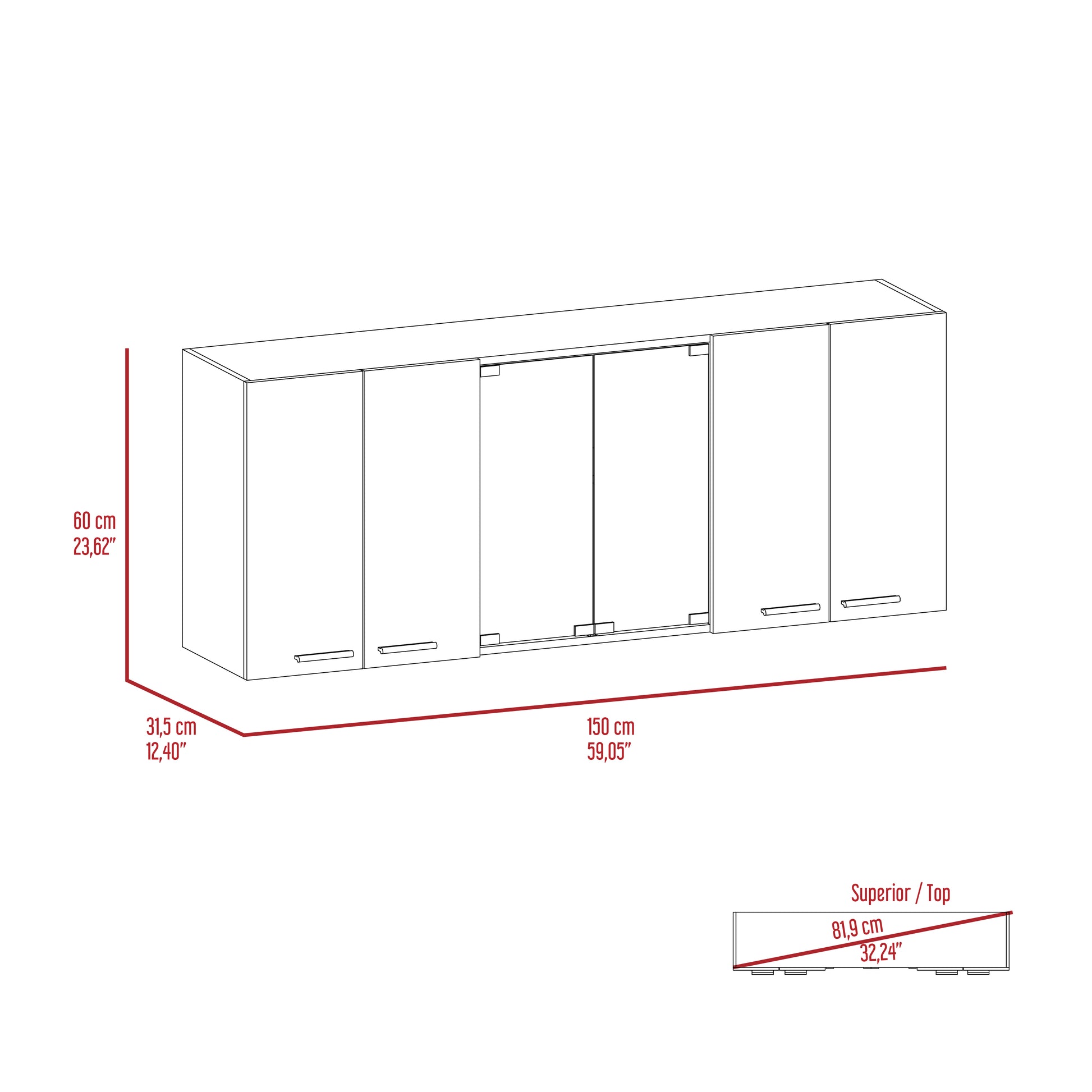 Line drawing of a white wall cabinet unit with dimensions indicated