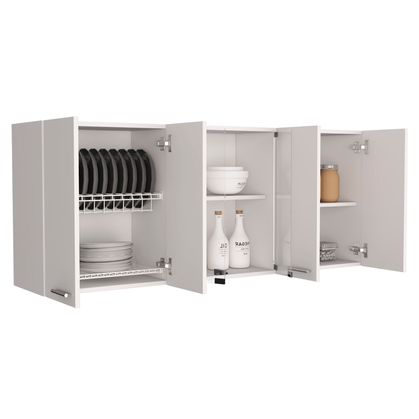 White wall mounted kitchen cabinet with dish racks and plates