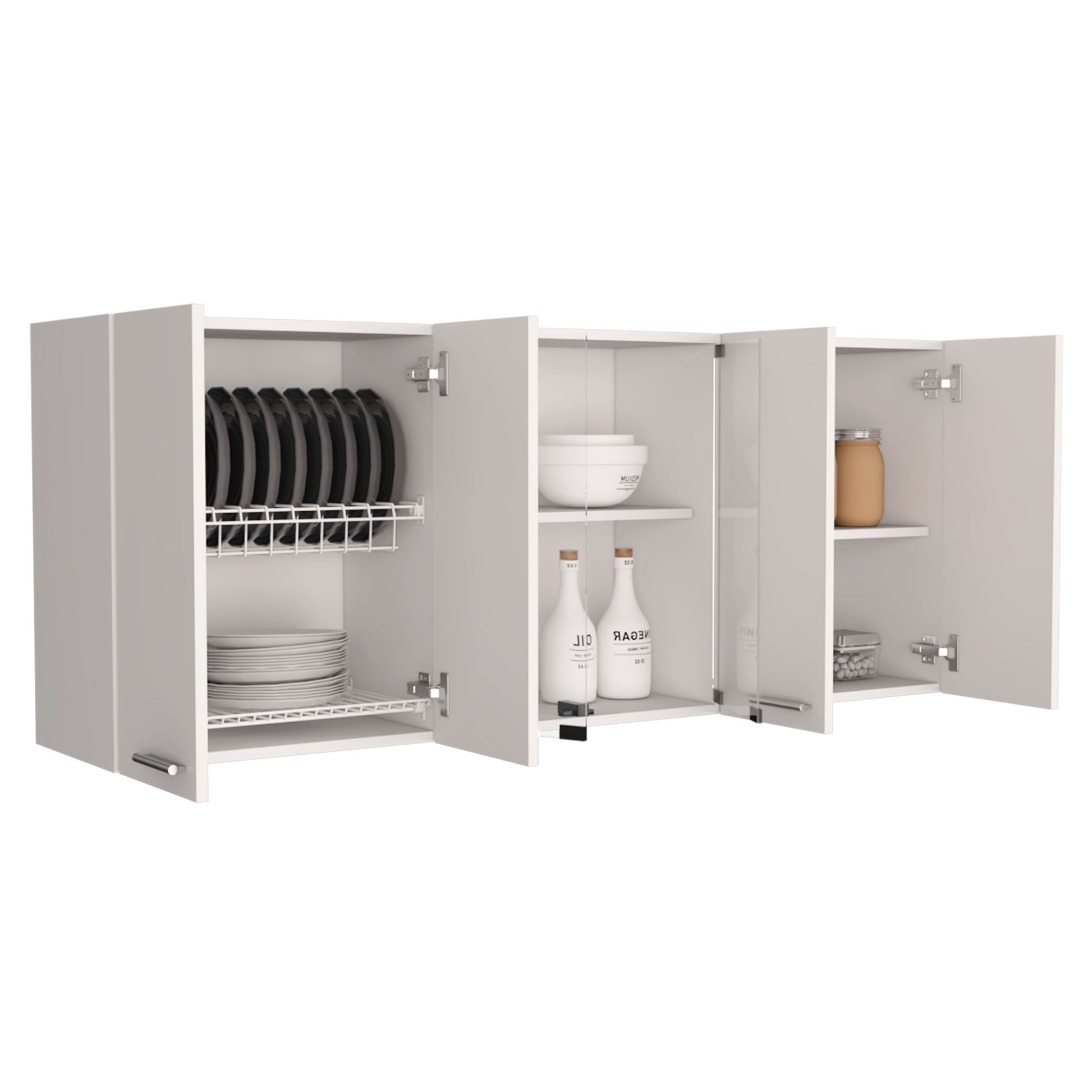 White wall mounted kitchen cabinet with dish racks and plates