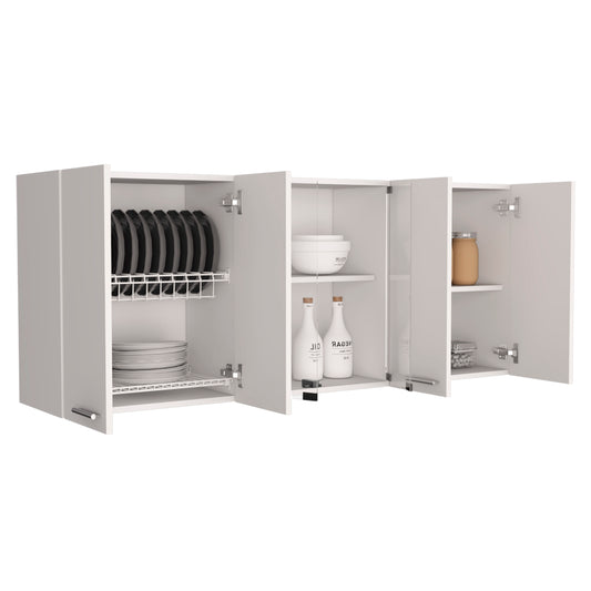 White wall mounted kitchen cabinet with dish racks and plates