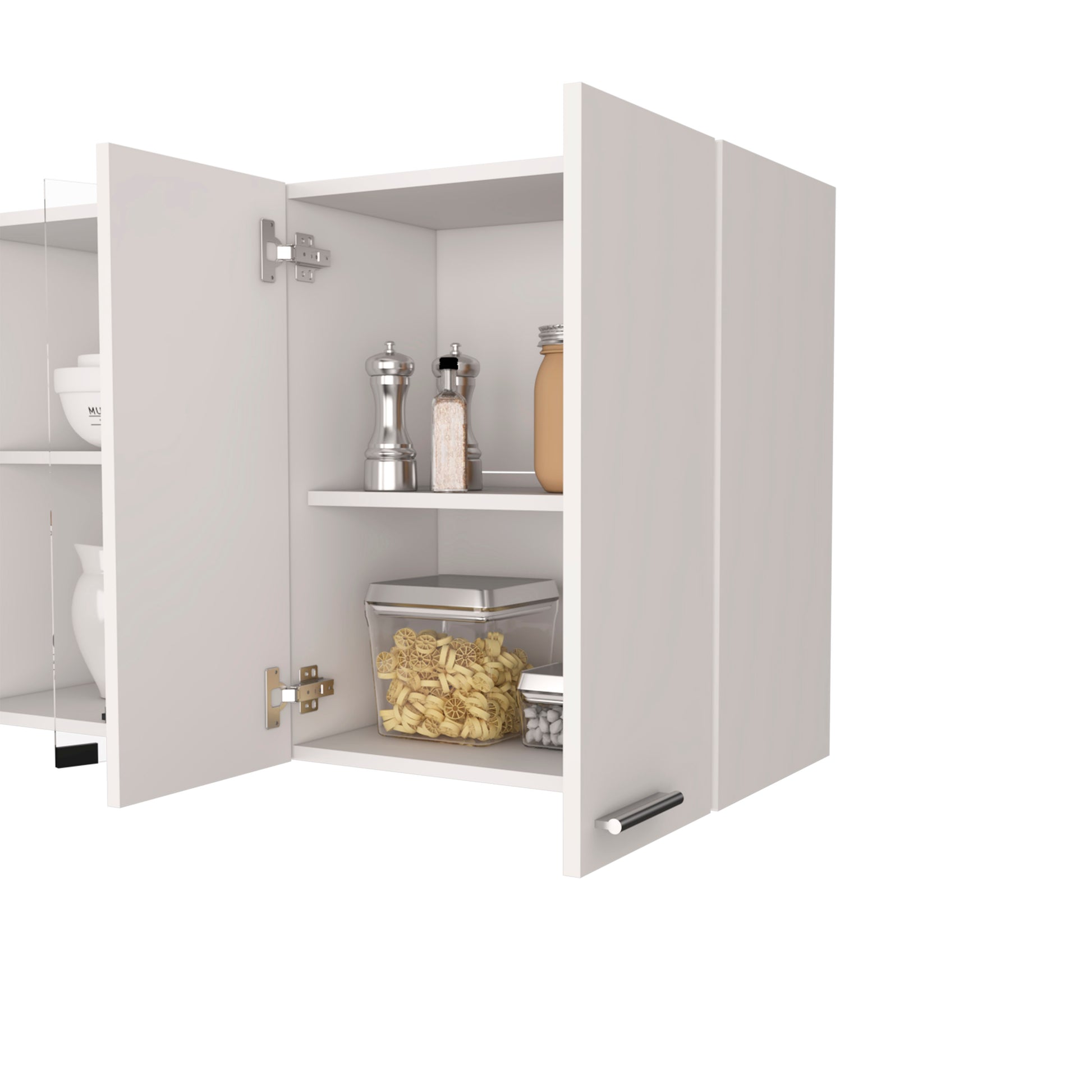 White wall cabinet with open doors