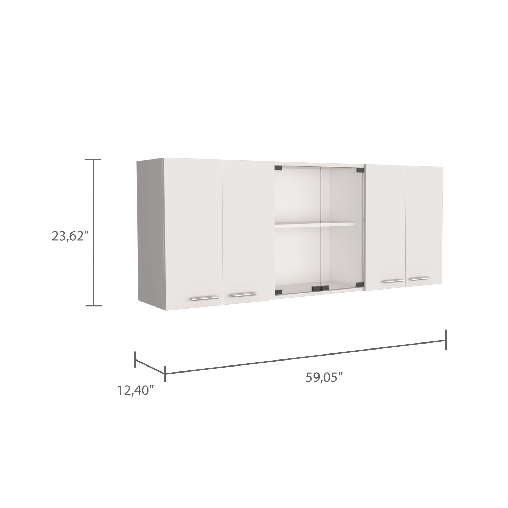 White wall cabinet with two solid doors and a glassdoor section