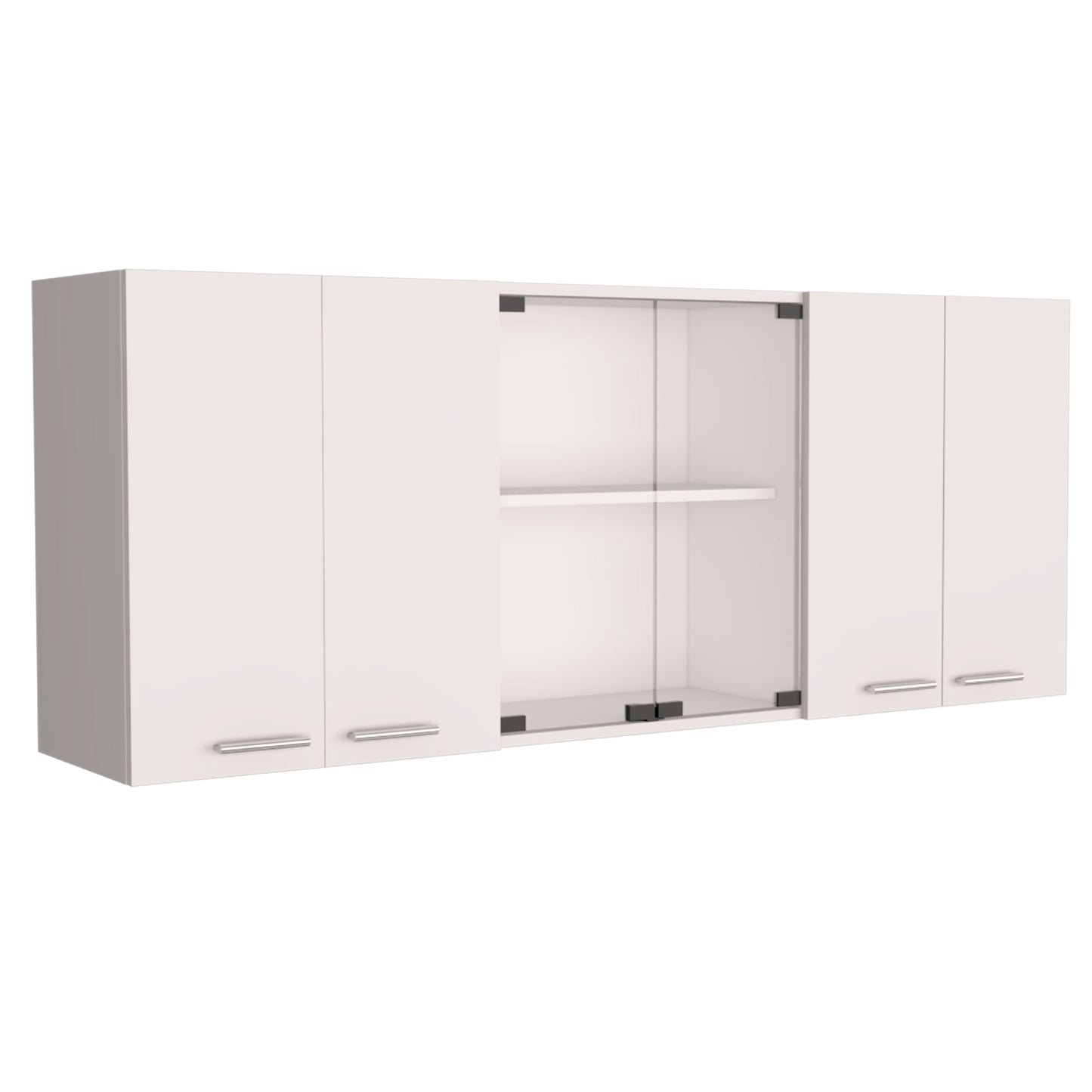 White modern wall cabinet with glass sliding door and chrome handles