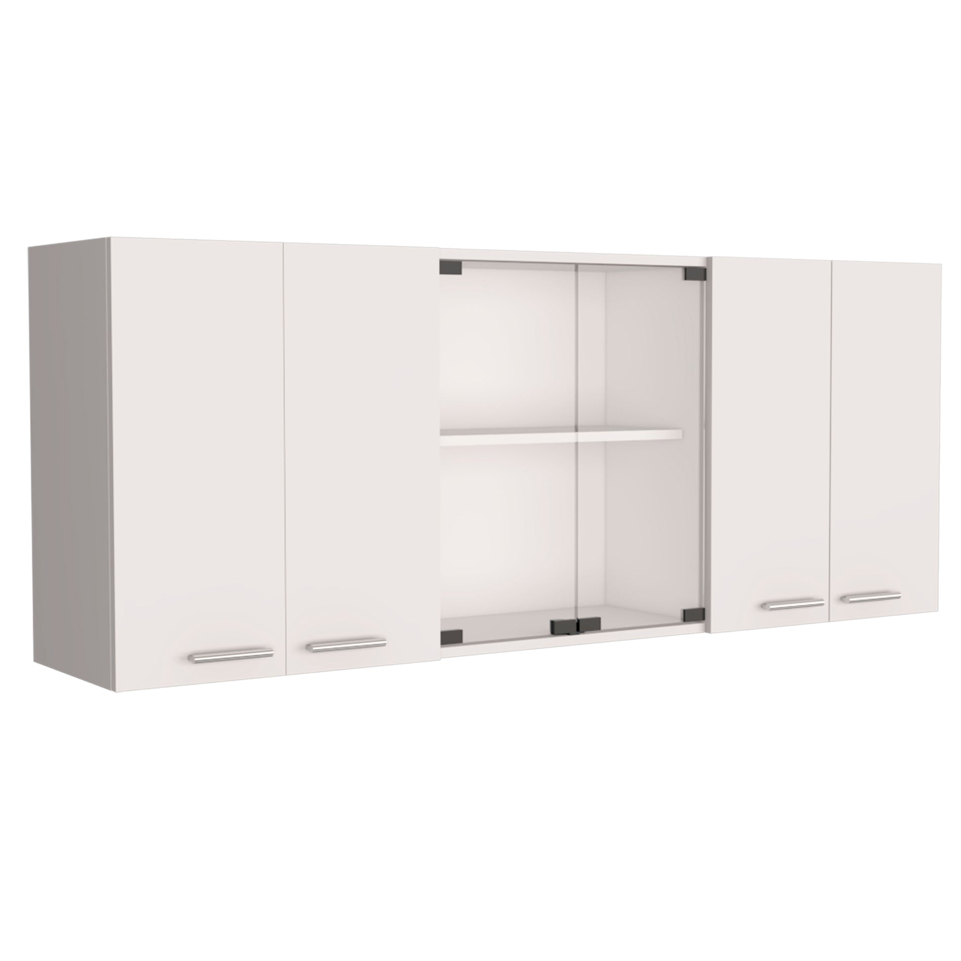 White modern wall cabinet with glass sliding door and chrome handles