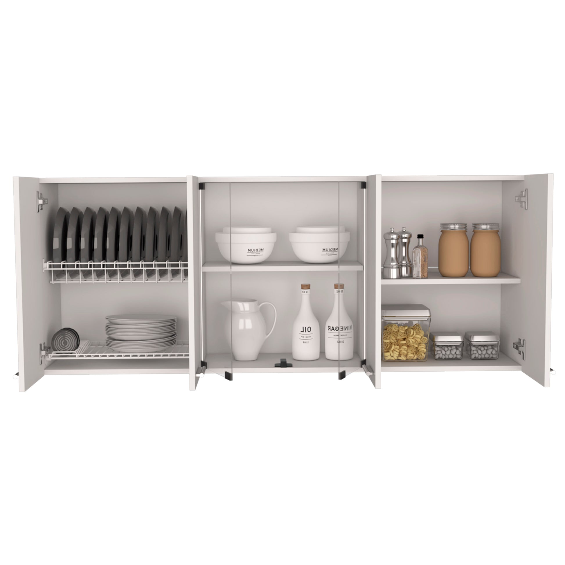 White modular kitchen cabinet with shelves displaying dinner plates