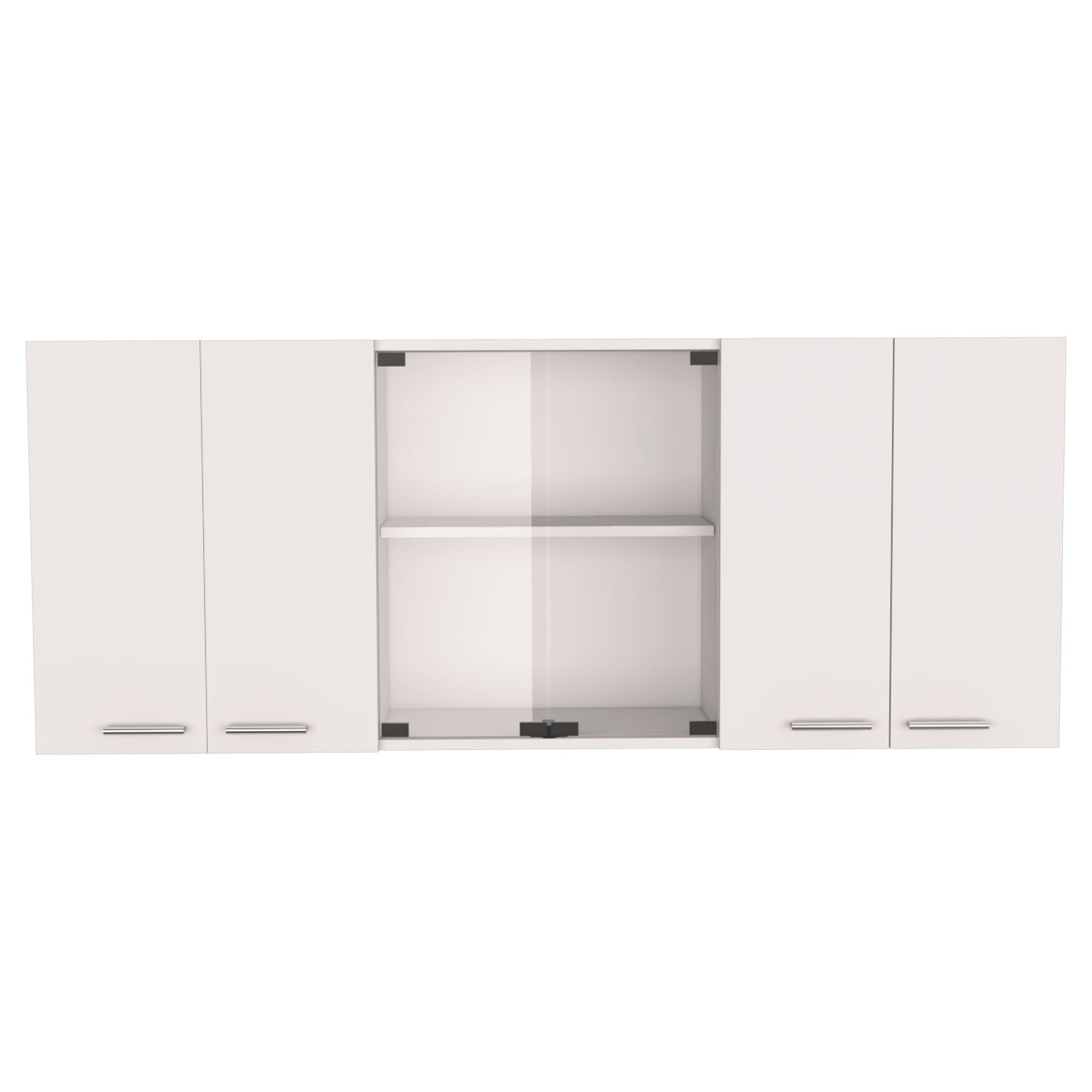 White wall cabinet with two solid doors and a central glass door