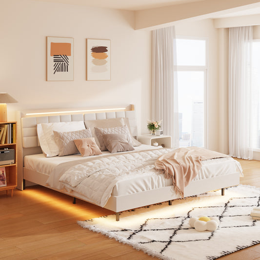 Platform bed with upholstered headboard and integrated LED lighting