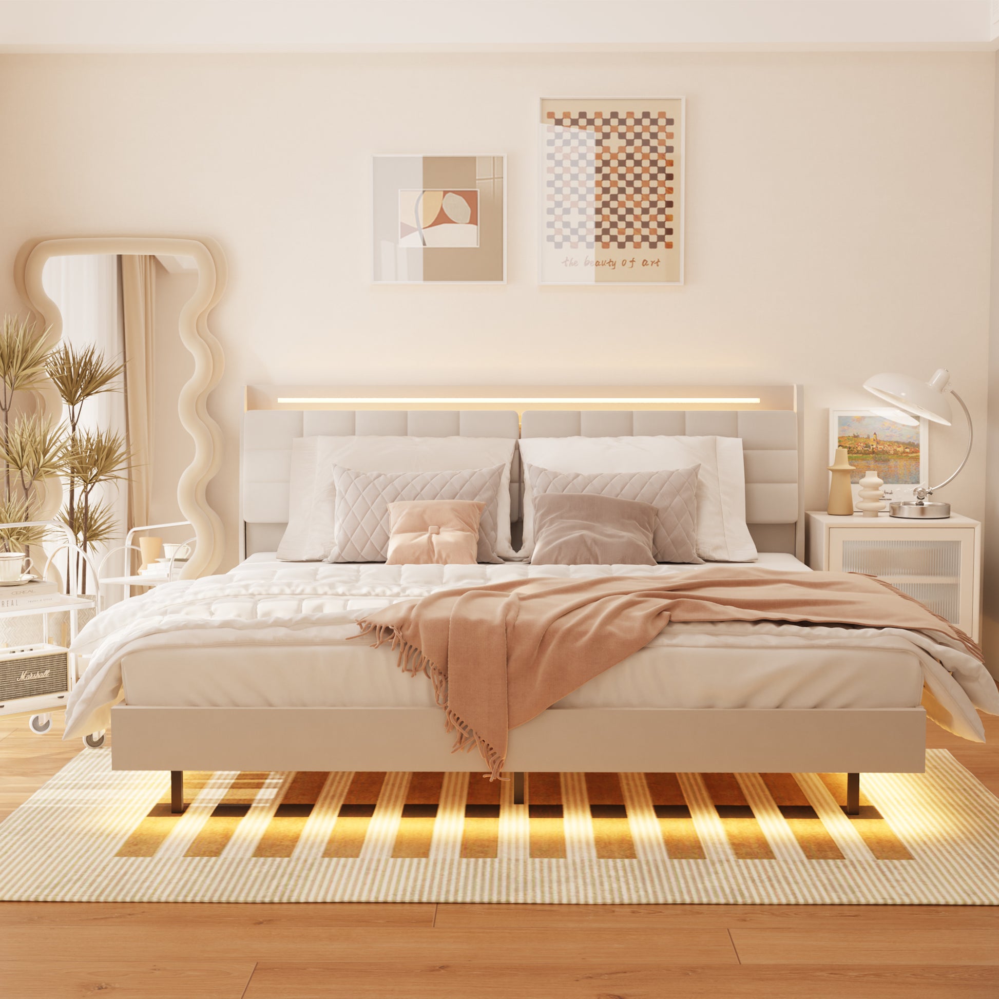 Tufted white upholstered headboard with integrated LED lighting