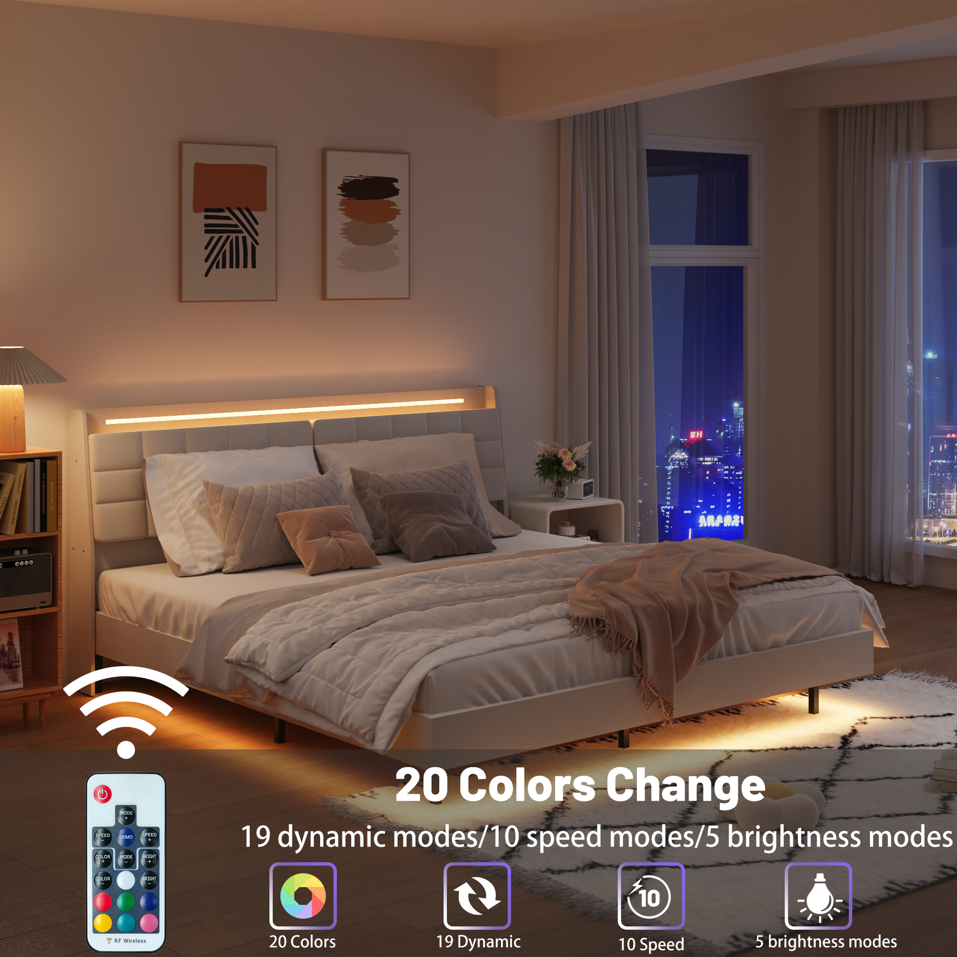 Modern white bed frame with integrated LED lighting and city view