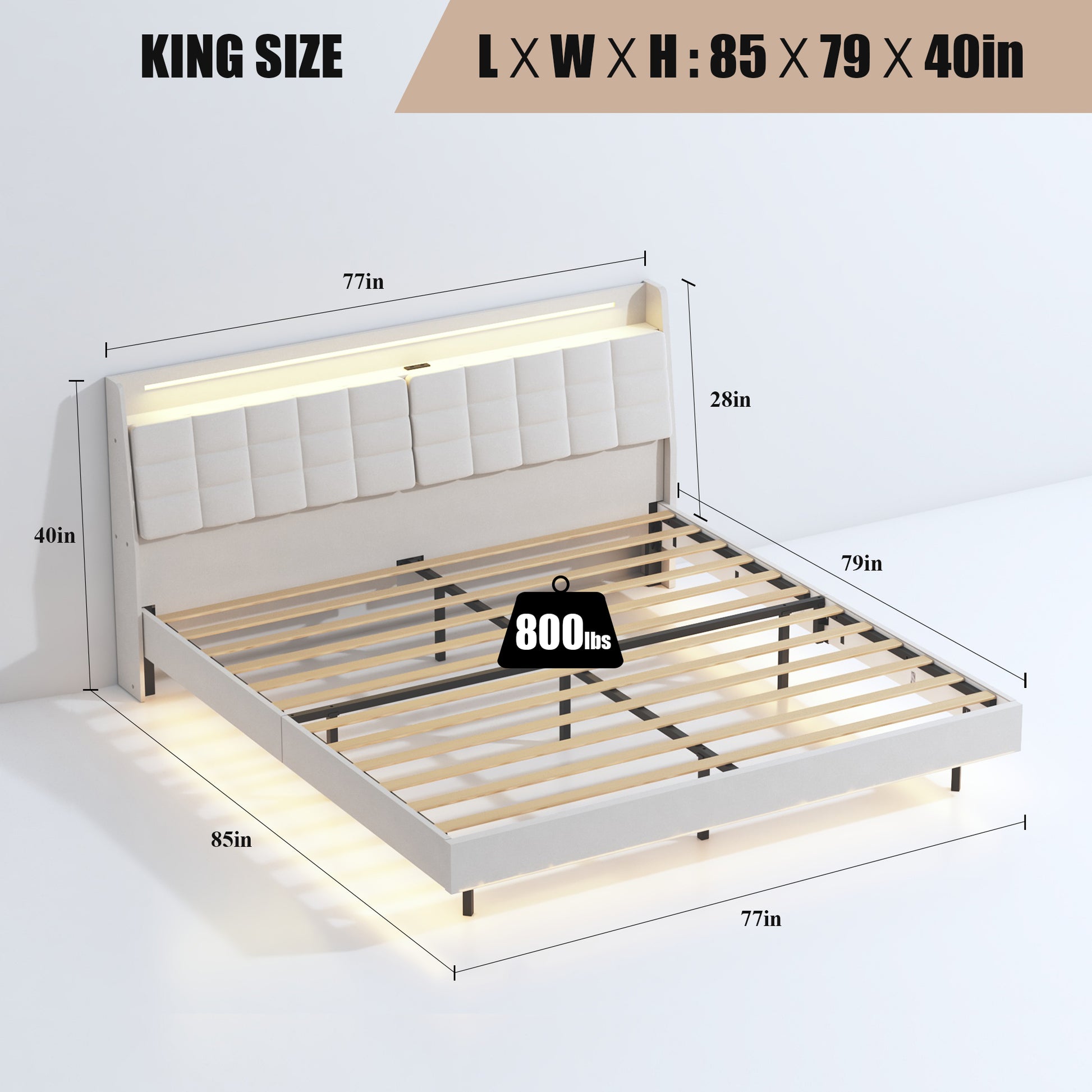 King size upholstered platform bed frame in white with builtin LED lighting and lb capacity