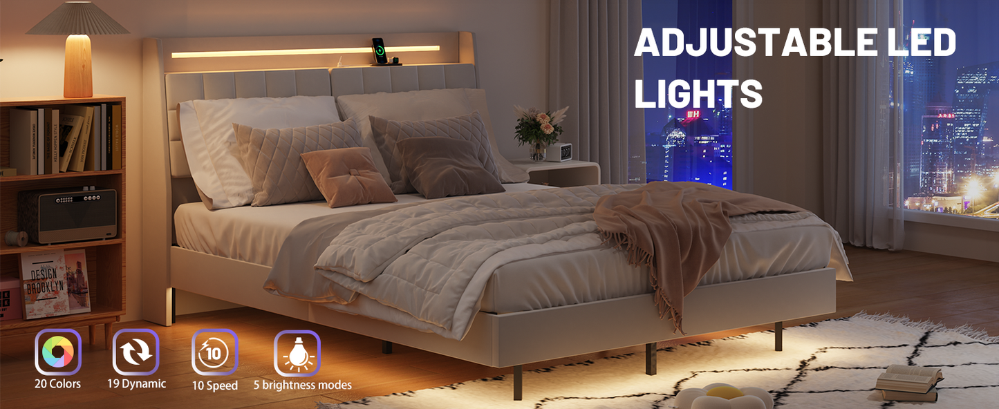 Modern platform bed frame with integrated adjustable LED lights and headboard charging station