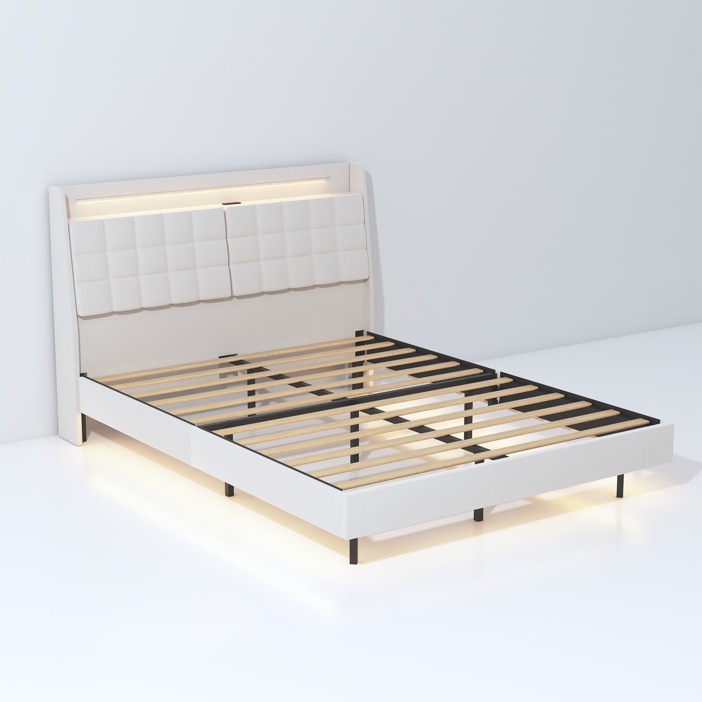 White upholstered modern bed frame with builtin LED lighting