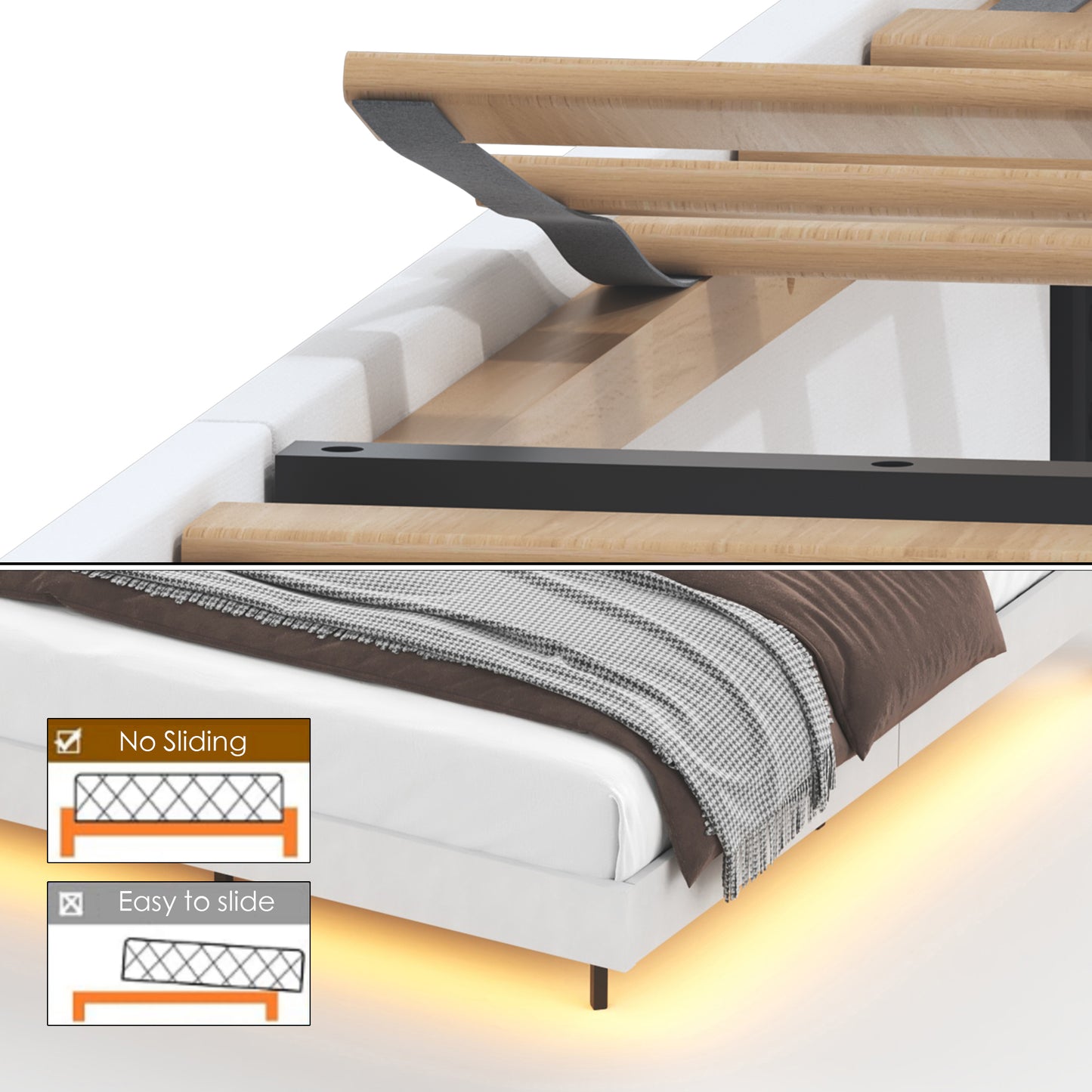 Wooden slatted bed frame with black metal support and white upholstery