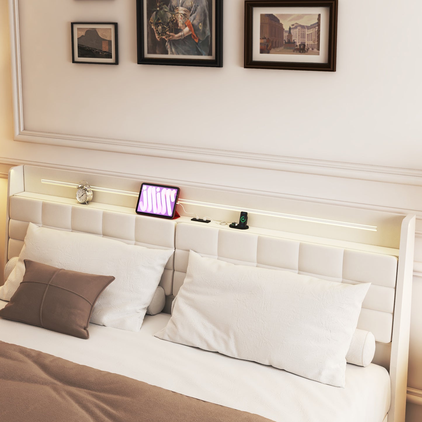 Modern white tufted bed with integrated LED lighting and charging station