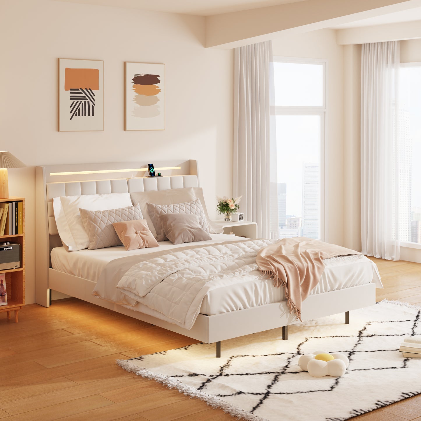Modern white platform bed with integrated LED headboard lighting and builtin nightstand shelf